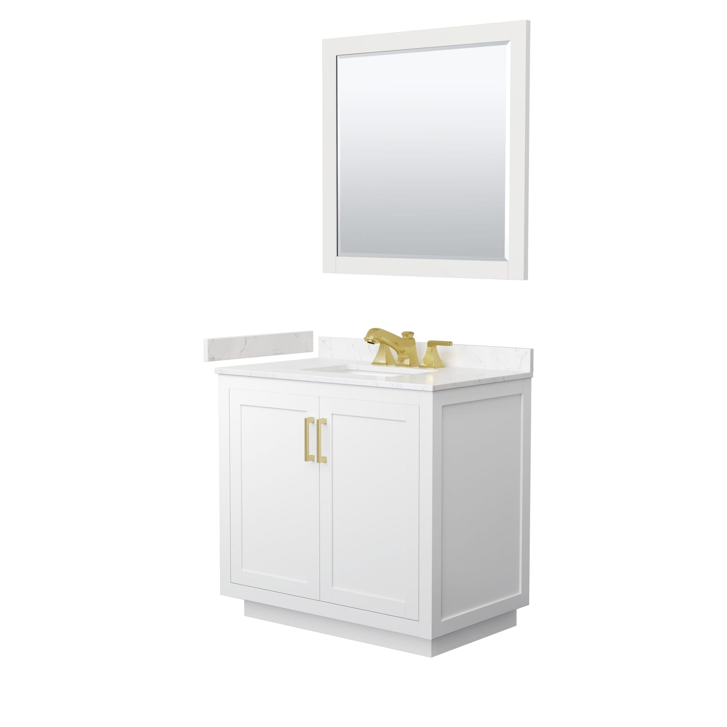 Wyndham Collection Miranda 36" Single Bathroom Vanity in White, Carrara Cultured Marble Countertop, Undermount Square Sink (3-Hole), Brushed Gold Trim and 34" Mirror