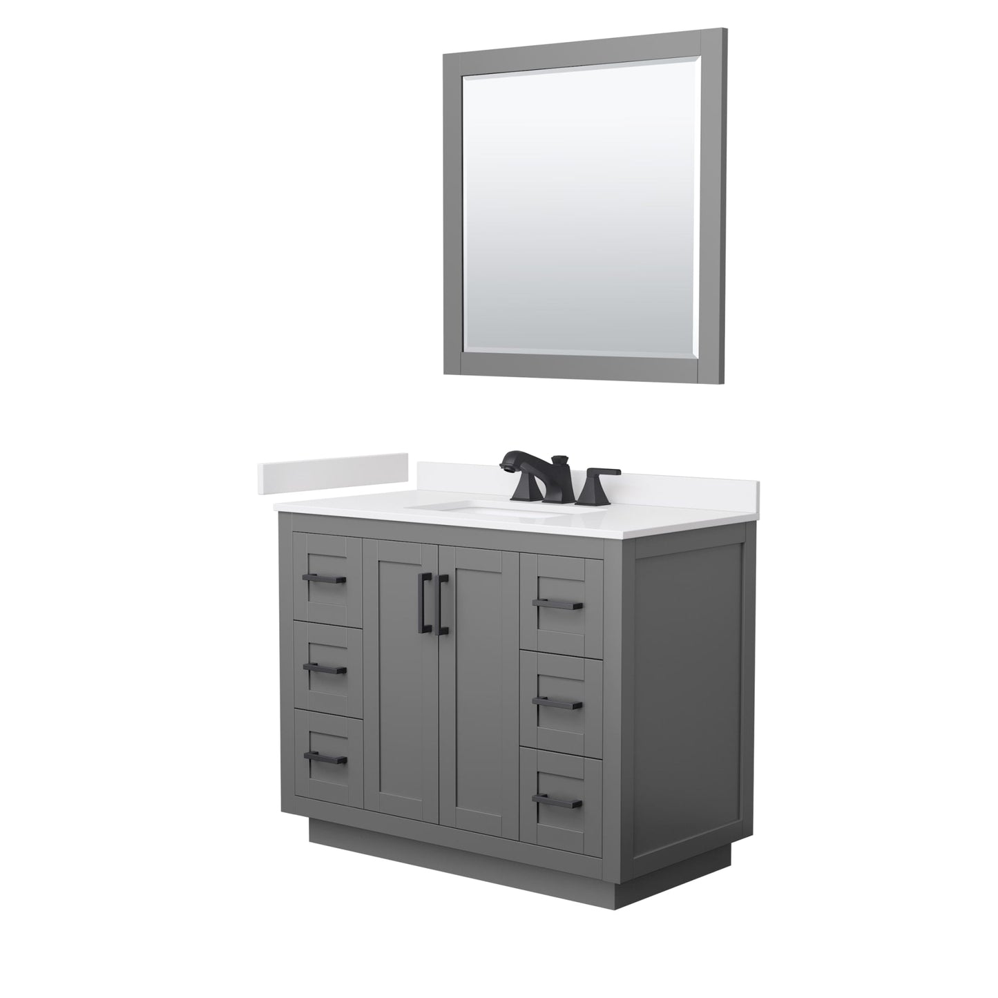 Wyndham Collection Miranda 42" Single Bathroom Vanity in Dark Gray, White Cultured Marble Countertop, Undermount Square Sink (3-Hole), Matte Black Trim and 34" Mirror