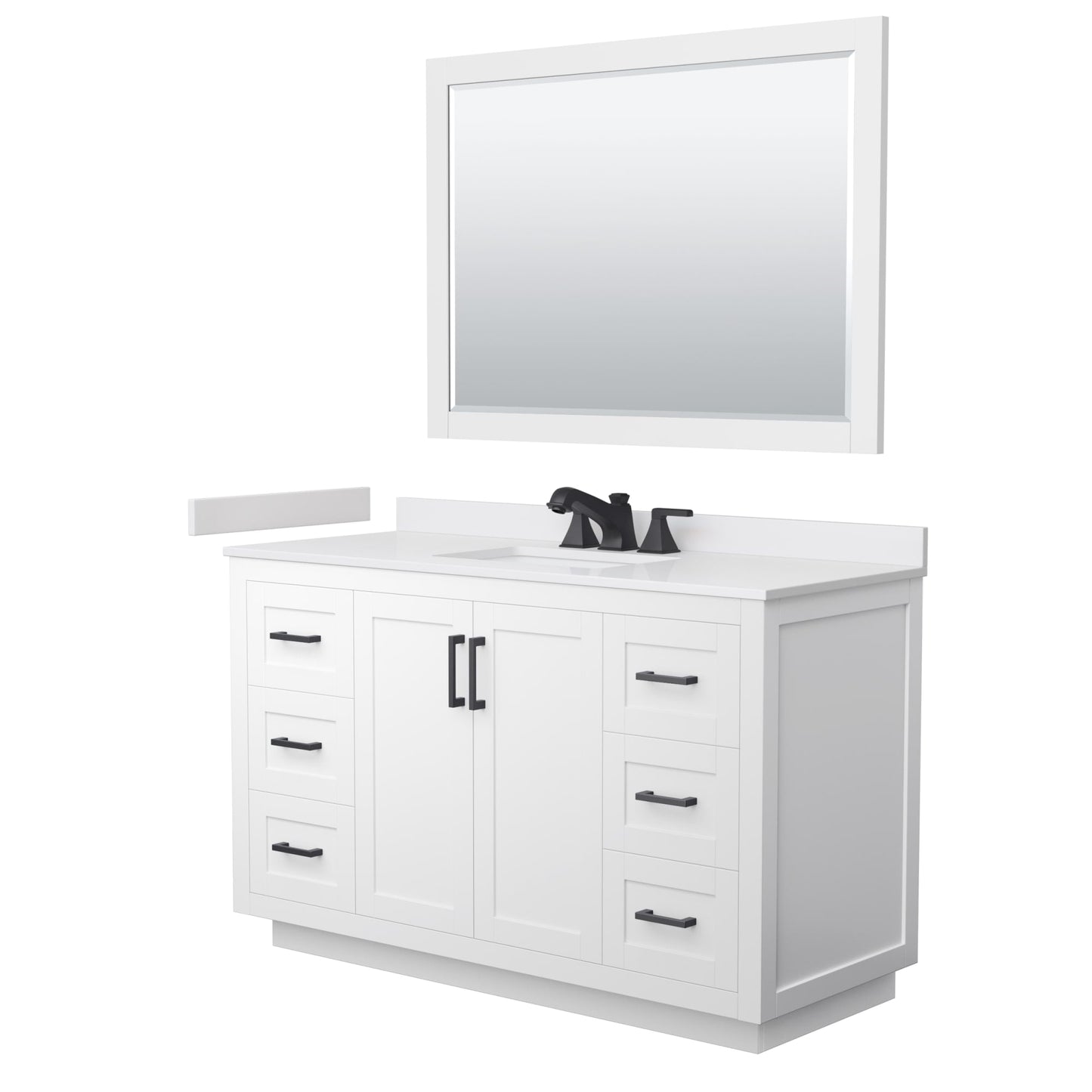 Wyndham Collection Miranda 54" Single Bathroom Vanity in White, White Cultured Marble Countertop, Undermount Square Sink (3-Hole), Matte Black Trim and 46" Mirror
