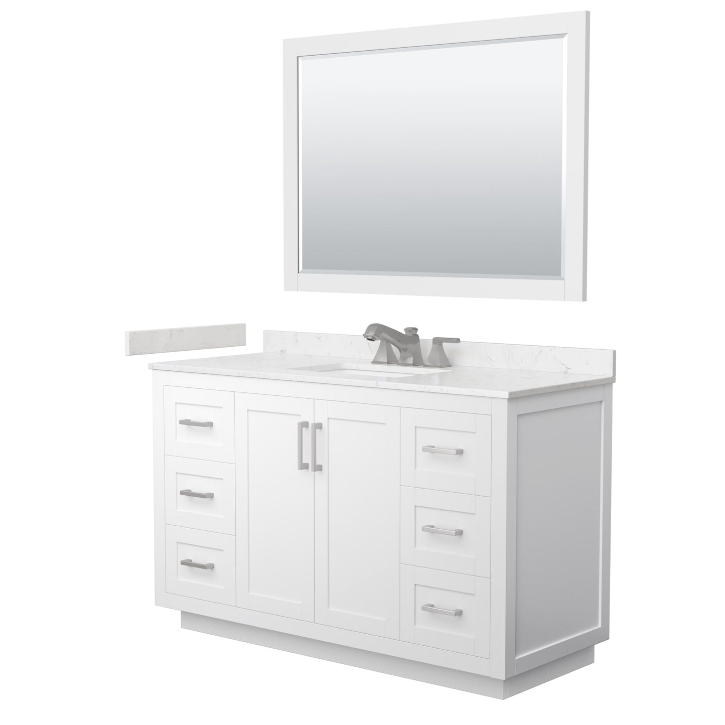 Wyndham Collection Miranda 54" Single Bathroom Vanity in White, Carrara Cultured Marble Countertop, Undermount Square Sink (3-Hole), Brushed Nickel Trim and 46" Mirror
