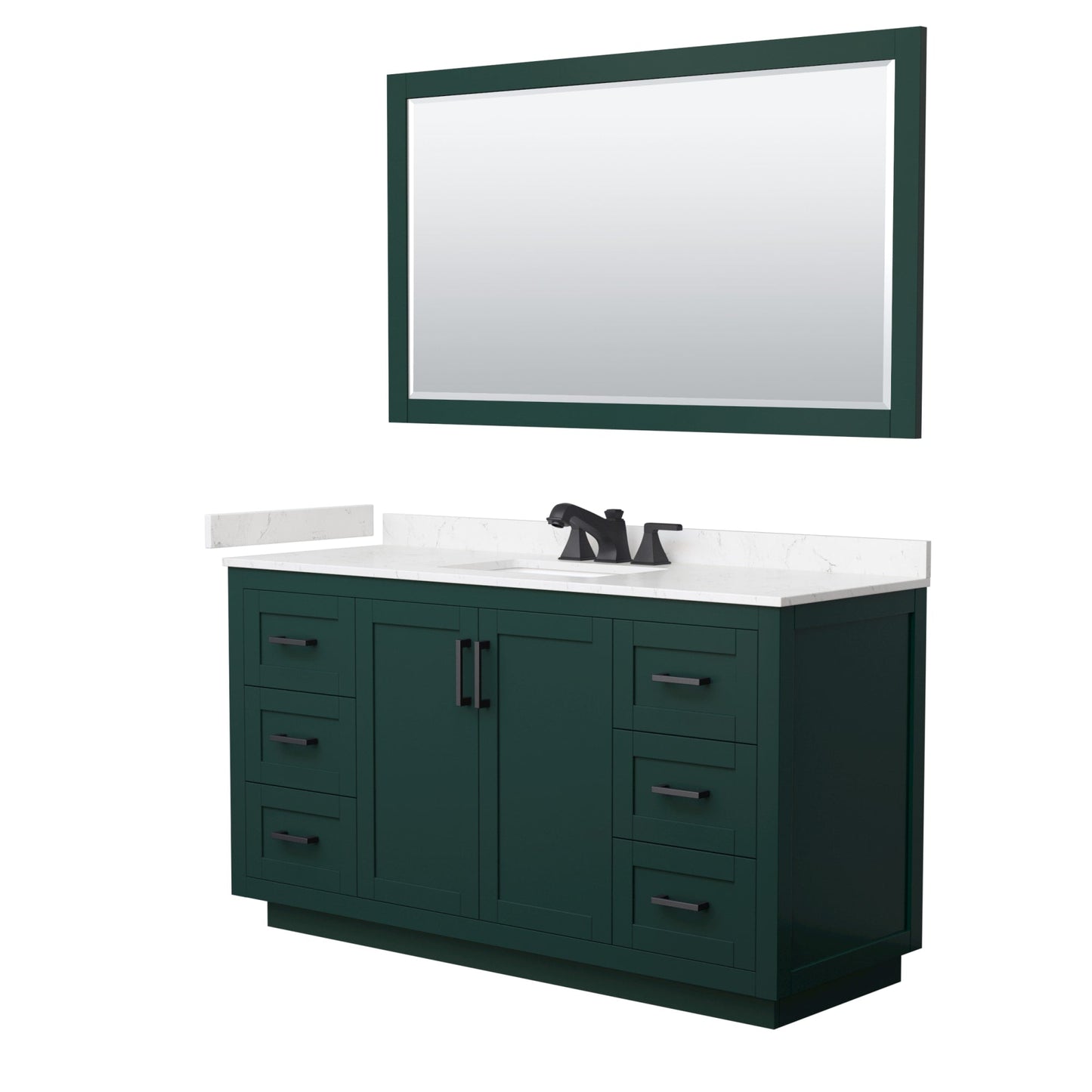 Wyndham Collection Miranda 60" Single Bathroom Vanity in Green, Carrara Cultured Marble Countertop, Undermount Square Sink (3-Hole), Matte Black Trim and 58" Mirror