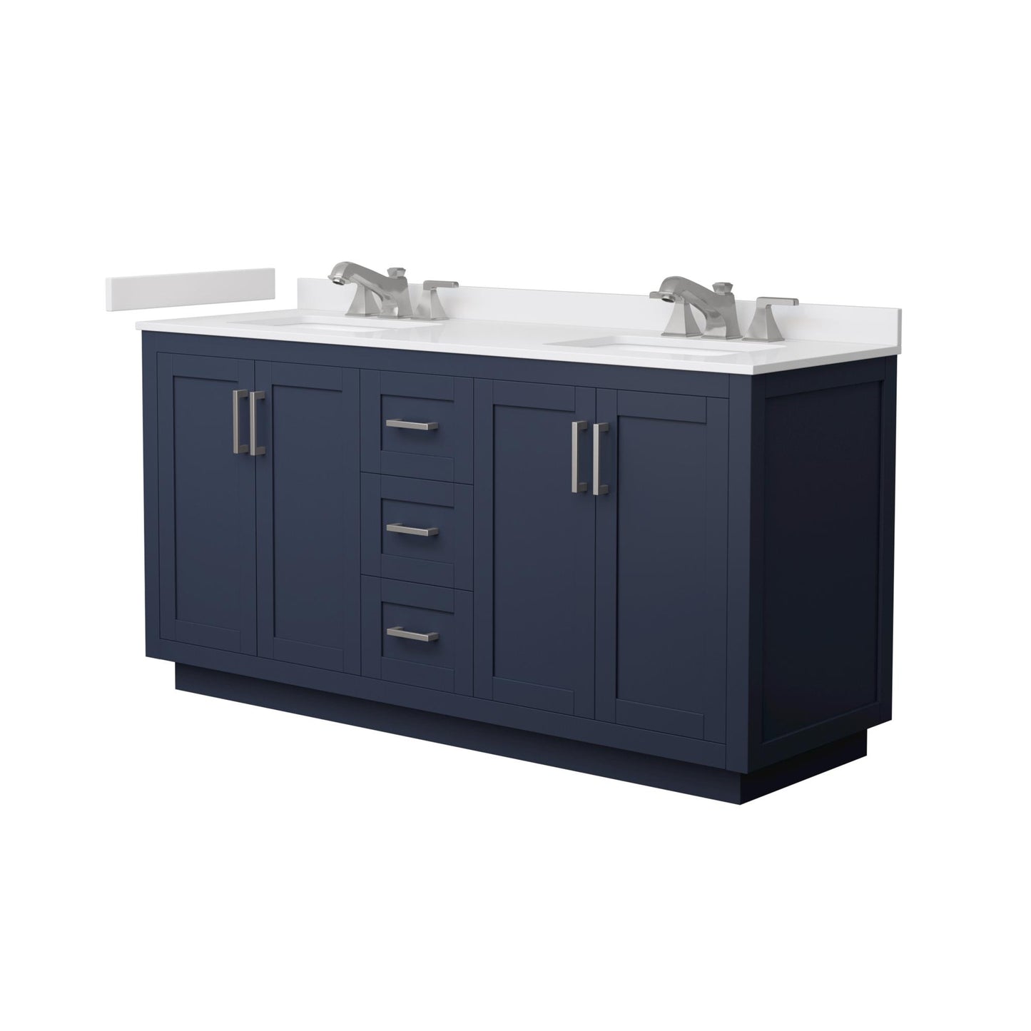 Wyndham Collection Miranda 66" Double Bathroom Vanity in Dark Blue, White Cultured Marble Countertop, Undermount Square Sinks (3-Hole), Brushed Nickel Trim