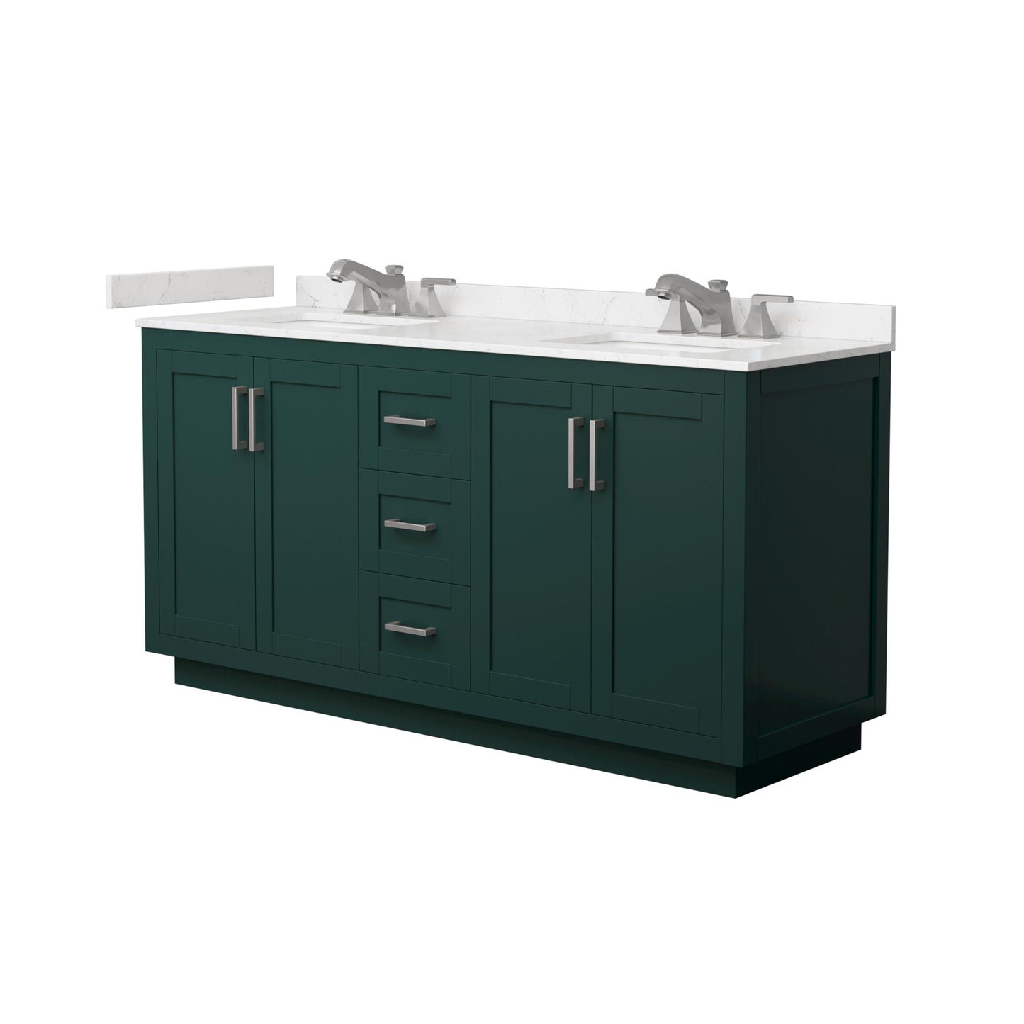 Wyndham Collection Miranda 66" Double Bathroom Vanity in Green, Carrara Cultured Marble Countertop, Undermount Square Sinks (3-Hole), Brushed Nickel Trim