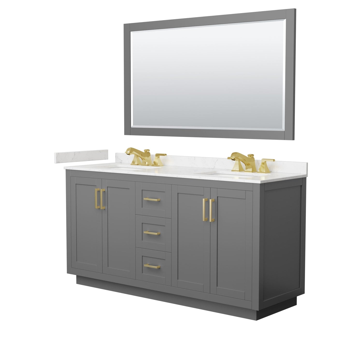 Wyndham Collection Miranda 66" Double Bathroom Vanity in Dark Gray, Carrara Cultured Marble Countertop, Undermount Square Sinks (3-Hole), Brushed Gold Trim and 58" Mirror