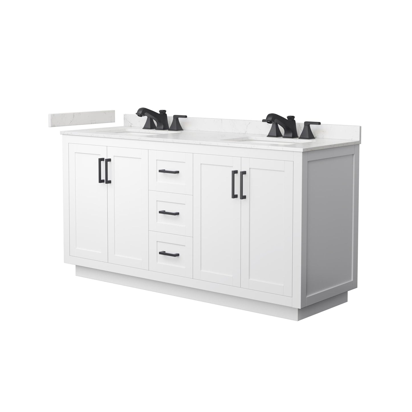 Wyndham Collection Miranda 66" Double Bathroom Vanity in White, Carrara Cultured Marble Countertop, Undermount Square Sinks (3-Hole), Matte Black Trim