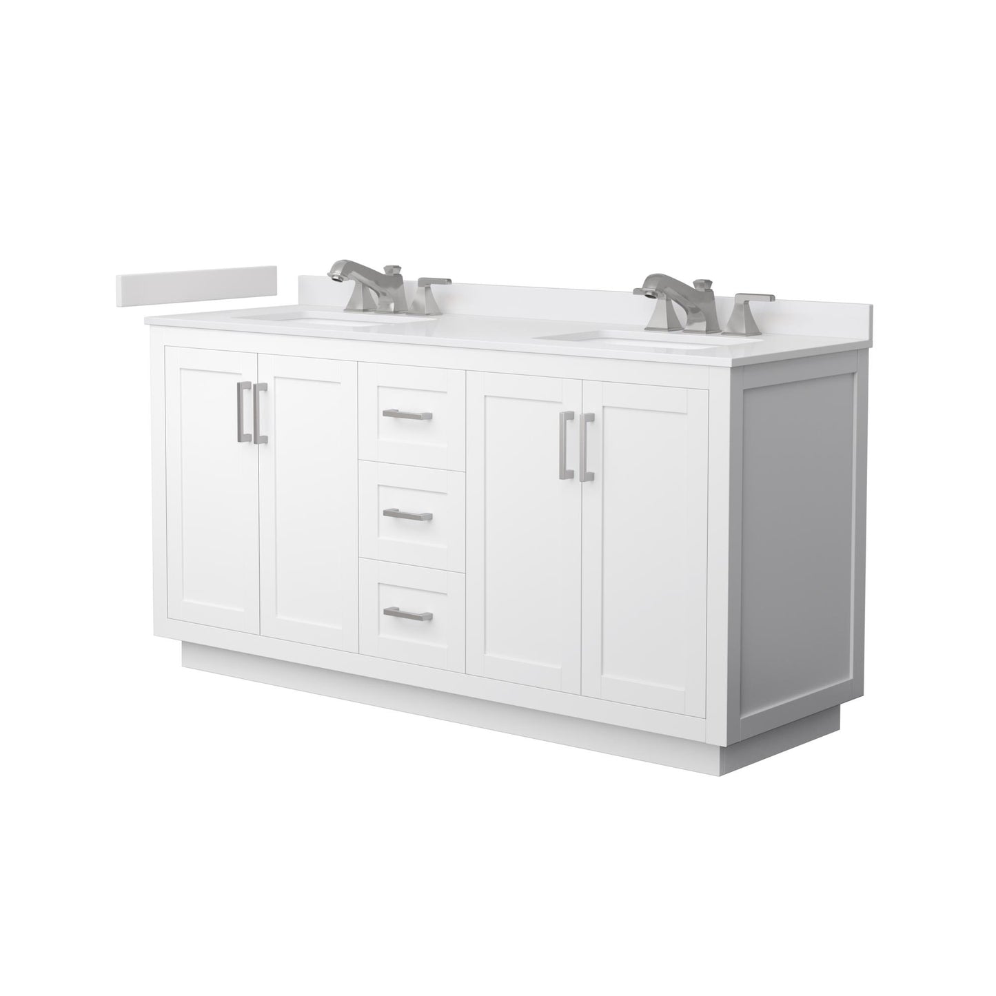 Wyndham Collection Miranda 66" Double Bathroom Vanity in White, White Cultured Marble Countertop, Undermount Square Sinks (3-Hole), Brushed Nickel Trim