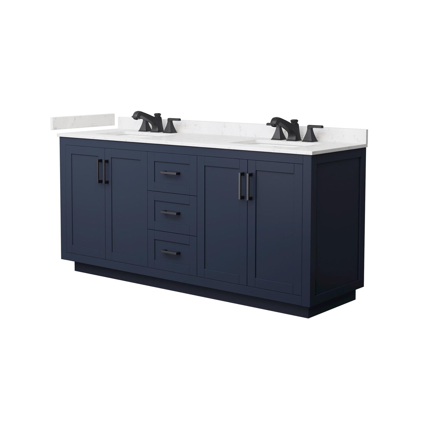 Wyndham Collection Miranda 72" Double Bathroom Vanity in Dark Blue, Carrara Cultured Marble Countertop, Undermount Square Sinks (3-Hole), Matte Black Trim