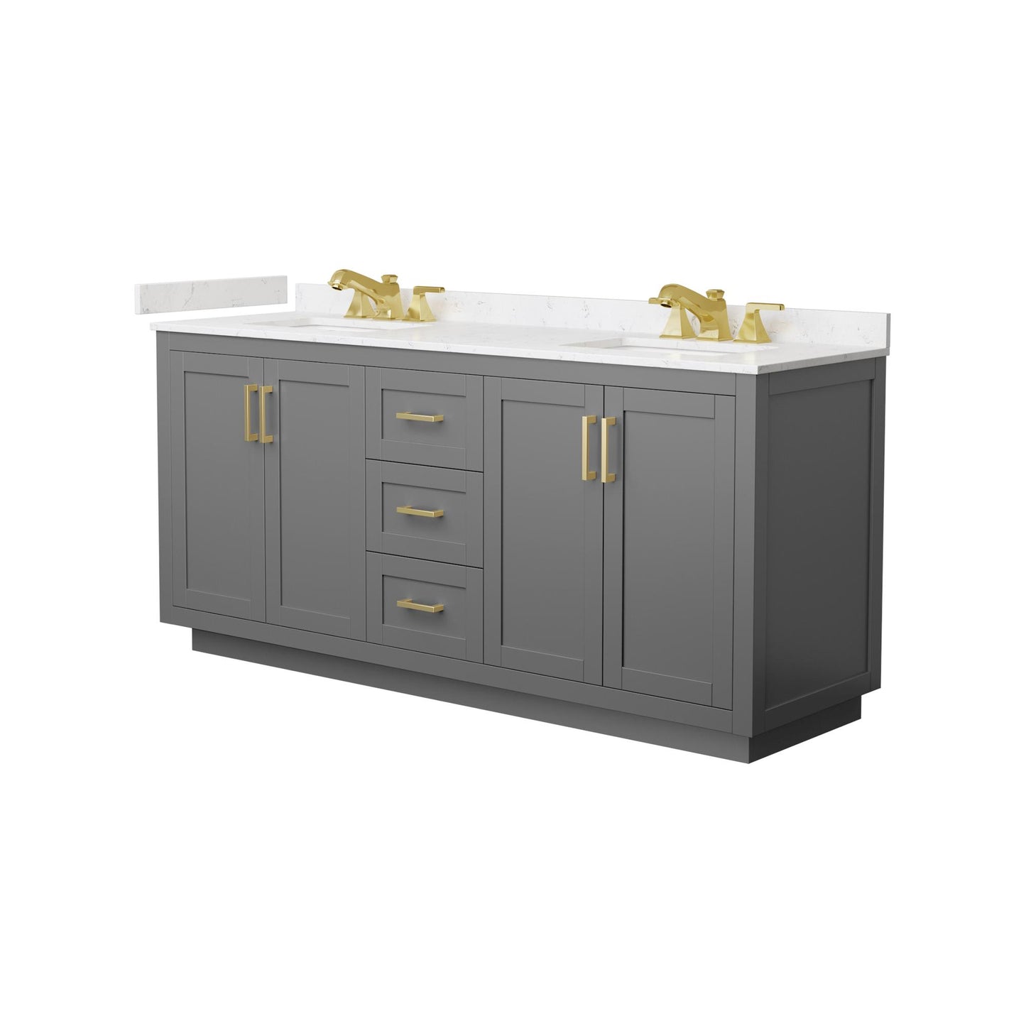 Wyndham Collection Miranda 72" Double Bathroom Vanity in Dark Gray, Carrara Cultured Marble Countertop, Undermount Square Sinks (3-Hole), Brushed Gold Trim
