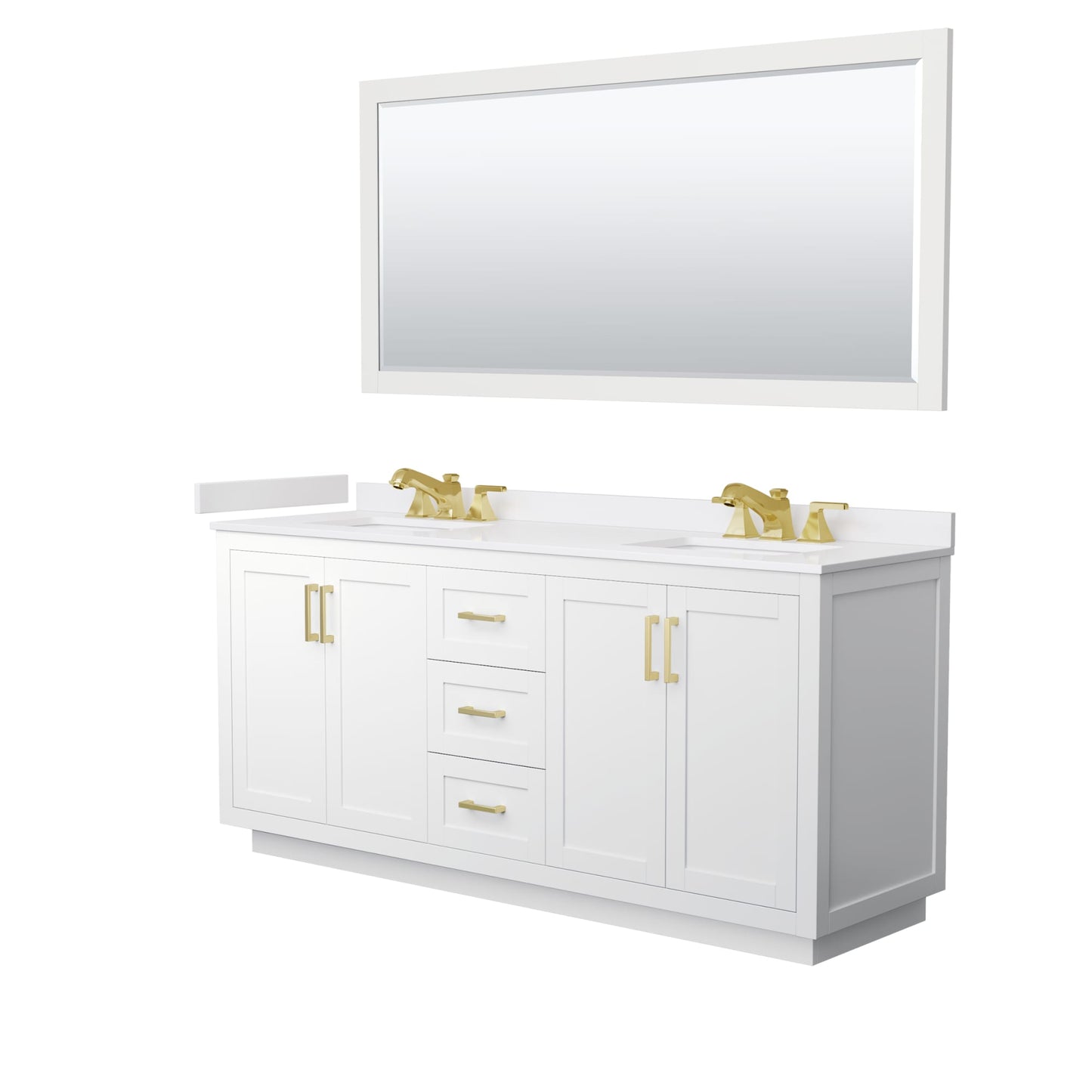 Wyndham Collection Miranda 72" Double Bathroom Vanity in White, White Cultured Marble Countertop, Undermount Square Sinks (3-Hole), Brushed Gold Trim and 70" Mirror