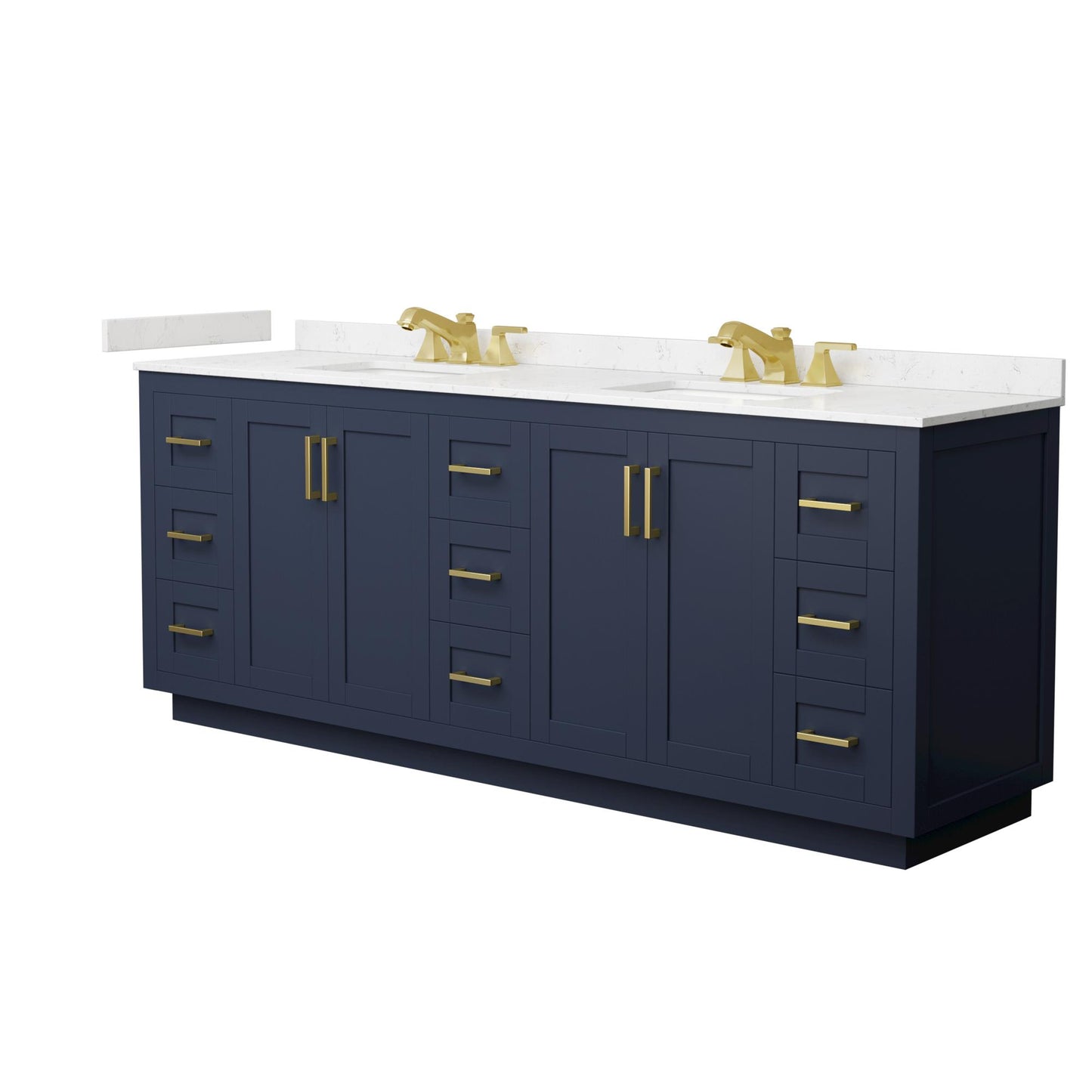 Wyndham Collection Miranda 84" Double Bathroom Vanity in Dark Blue, Carrara Cultured Marble Countertop, Undermount Square Sinks (3-Hole), Brushed Gold Trim