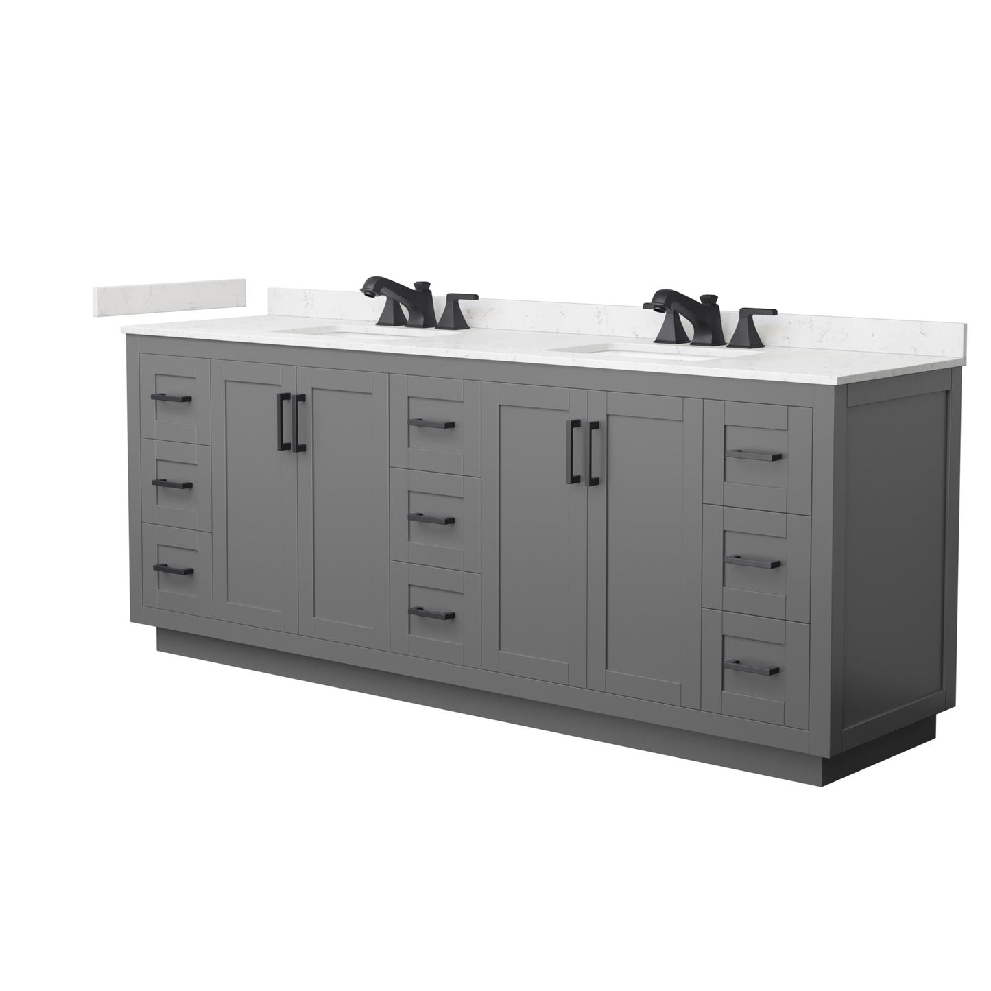 Wyndham Collection Miranda 84" Double Bathroom Vanity in Dark Gray, Carrara Cultured Marble Countertop, Undermount Square Sinks (3-Hole), Matte Black Trim