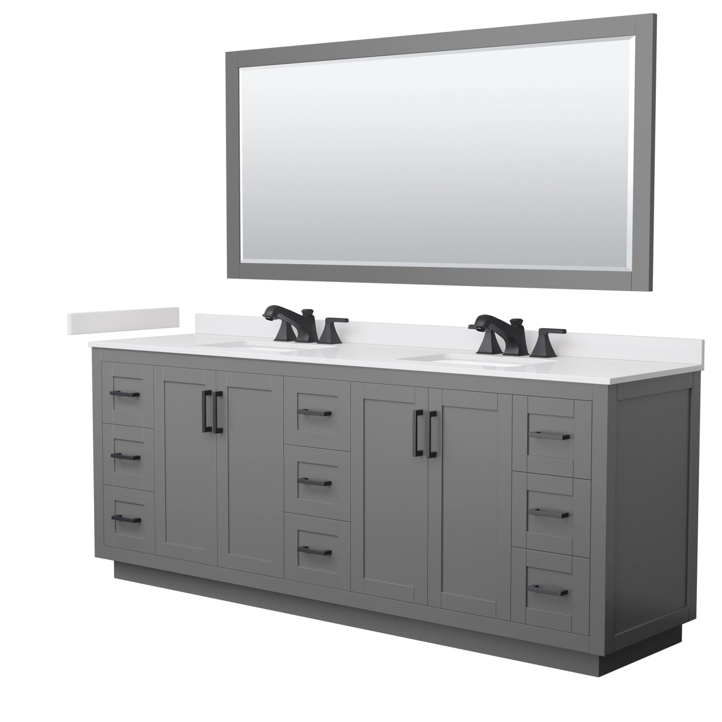 Wyndham Collection Miranda 84" Double Bathroom Vanity in Dark Gray, White Cultured Marble Countertop, Undermount Square Sinks (3-Hole), Matte Black Trim and 70" Mirror