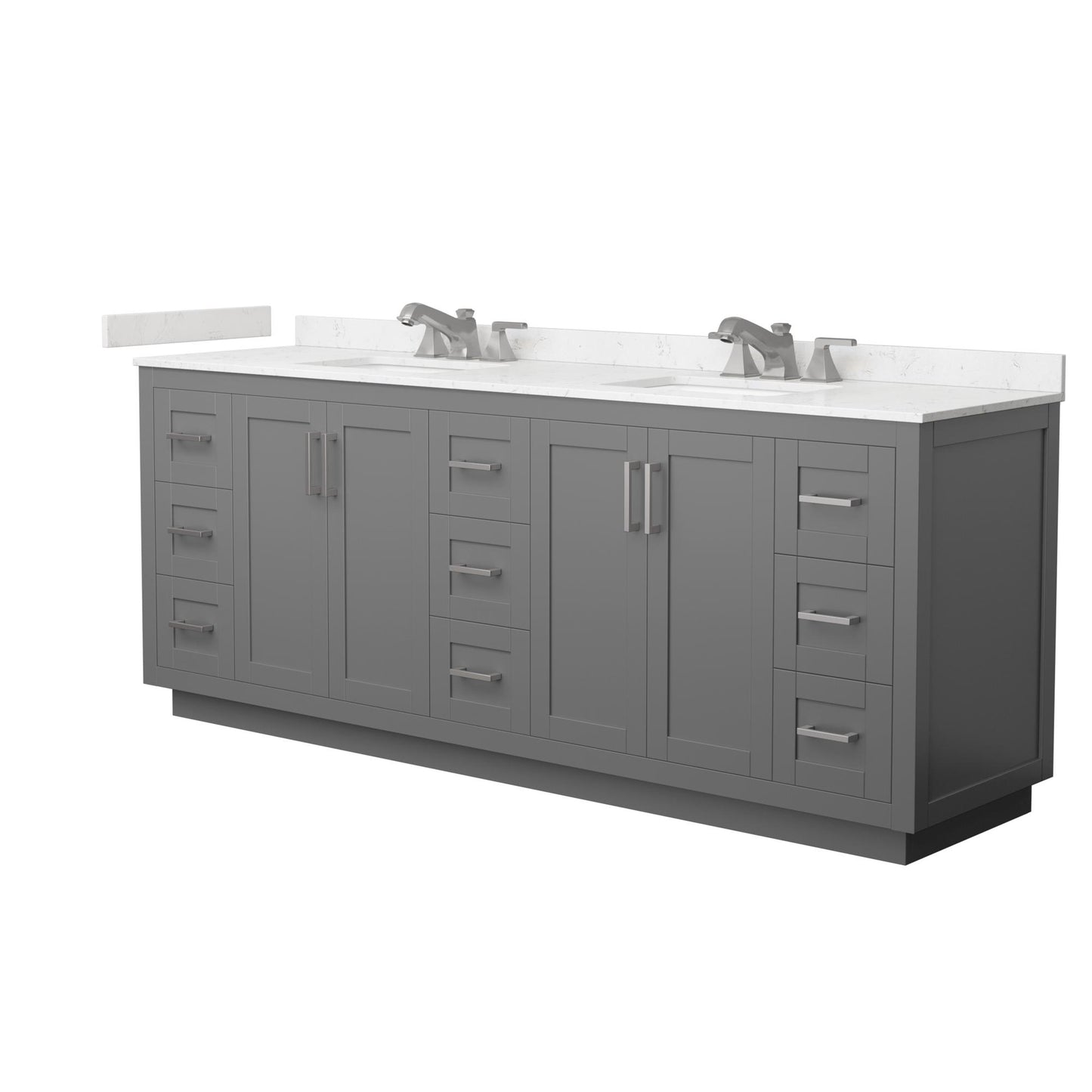 Wyndham Collection Miranda 84" Double Bathroom Vanity in Dark Gray, Carrara Cultured Marble Countertop, Undermount Square Sinks (3-Hole), Brushed Nickel Trim