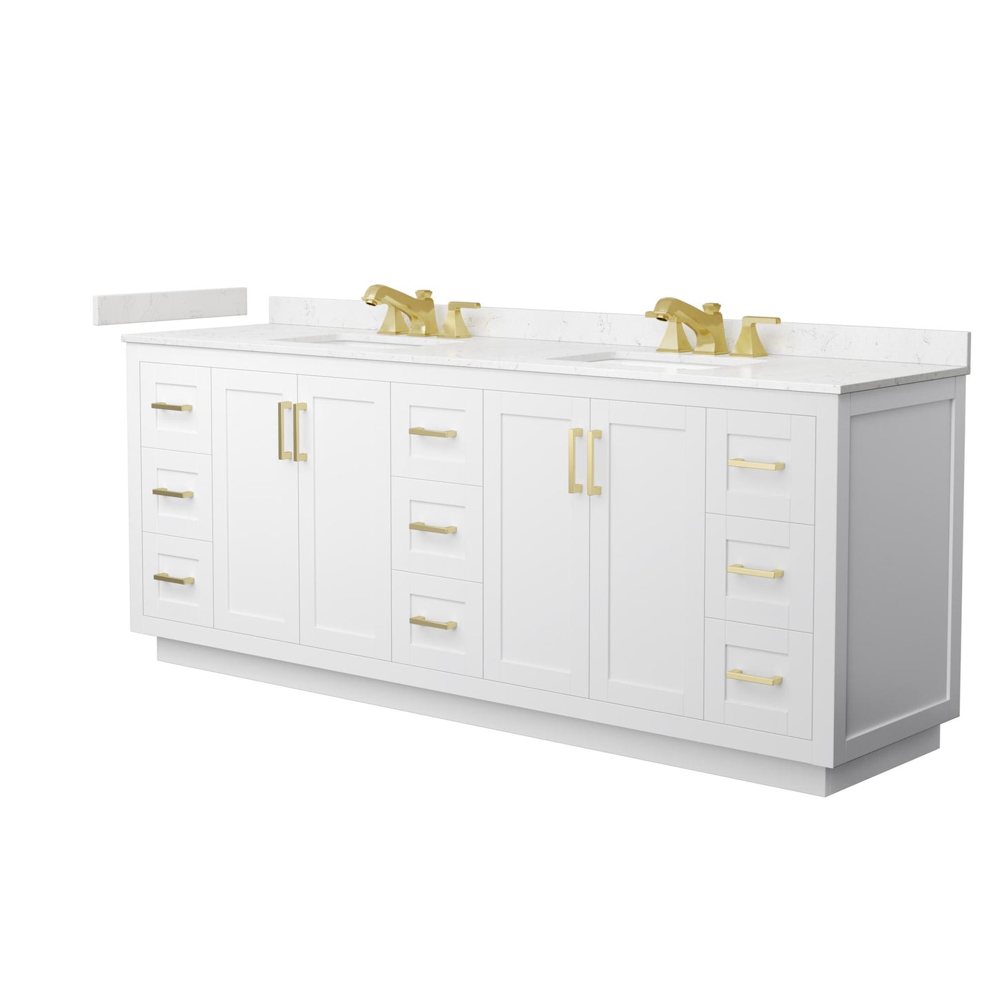 Wyndham Collection Miranda 84" Double Bathroom Vanity in White, Carrara Cultured Marble Countertop, Undermount Square Sinks (3-Hole), Brushed Gold Trim
