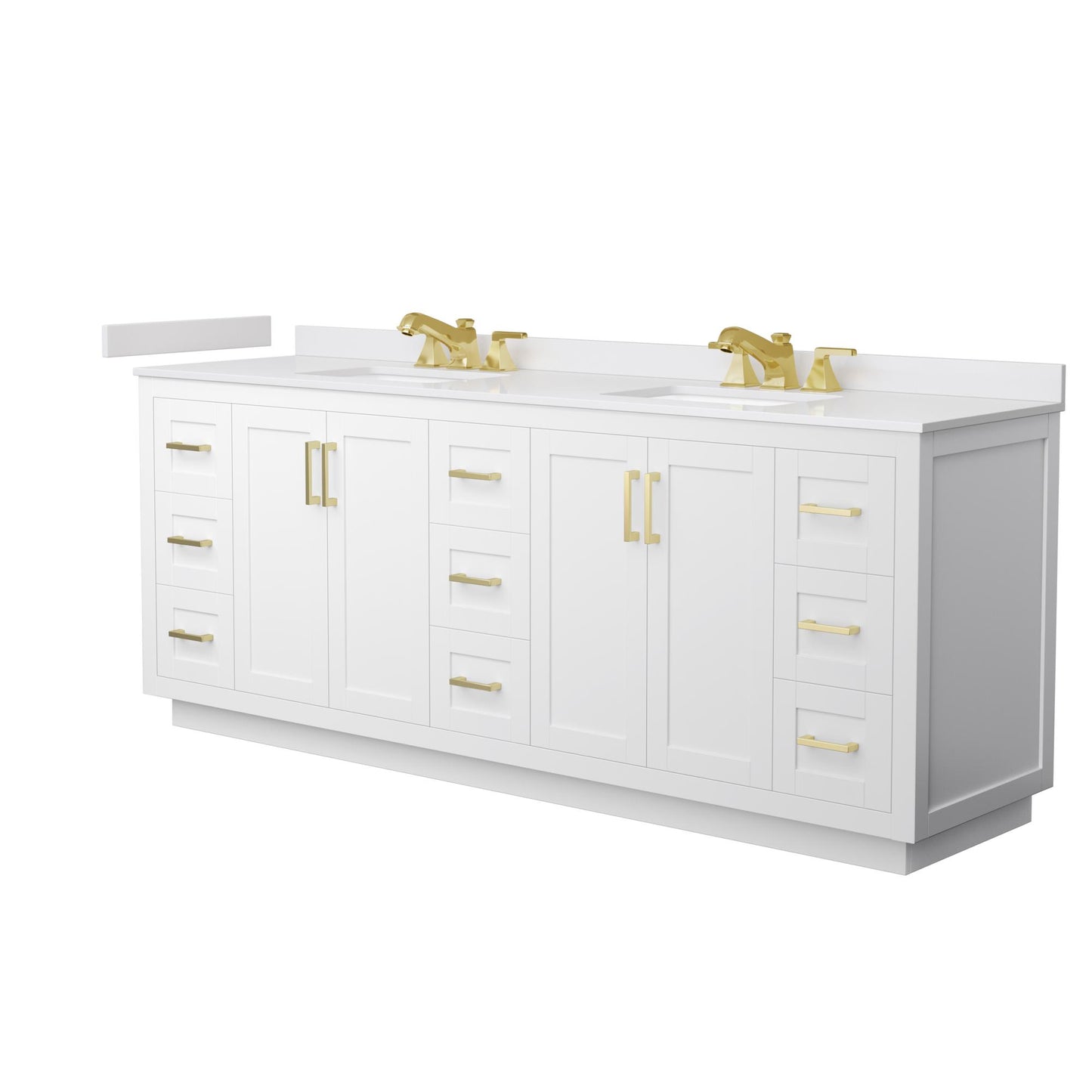 Wyndham Collection Miranda 84" Double Bathroom Vanity in White, White Cultured Marble Countertop, Undermount Square Sinks (3-Hole), Brushed Gold Trim