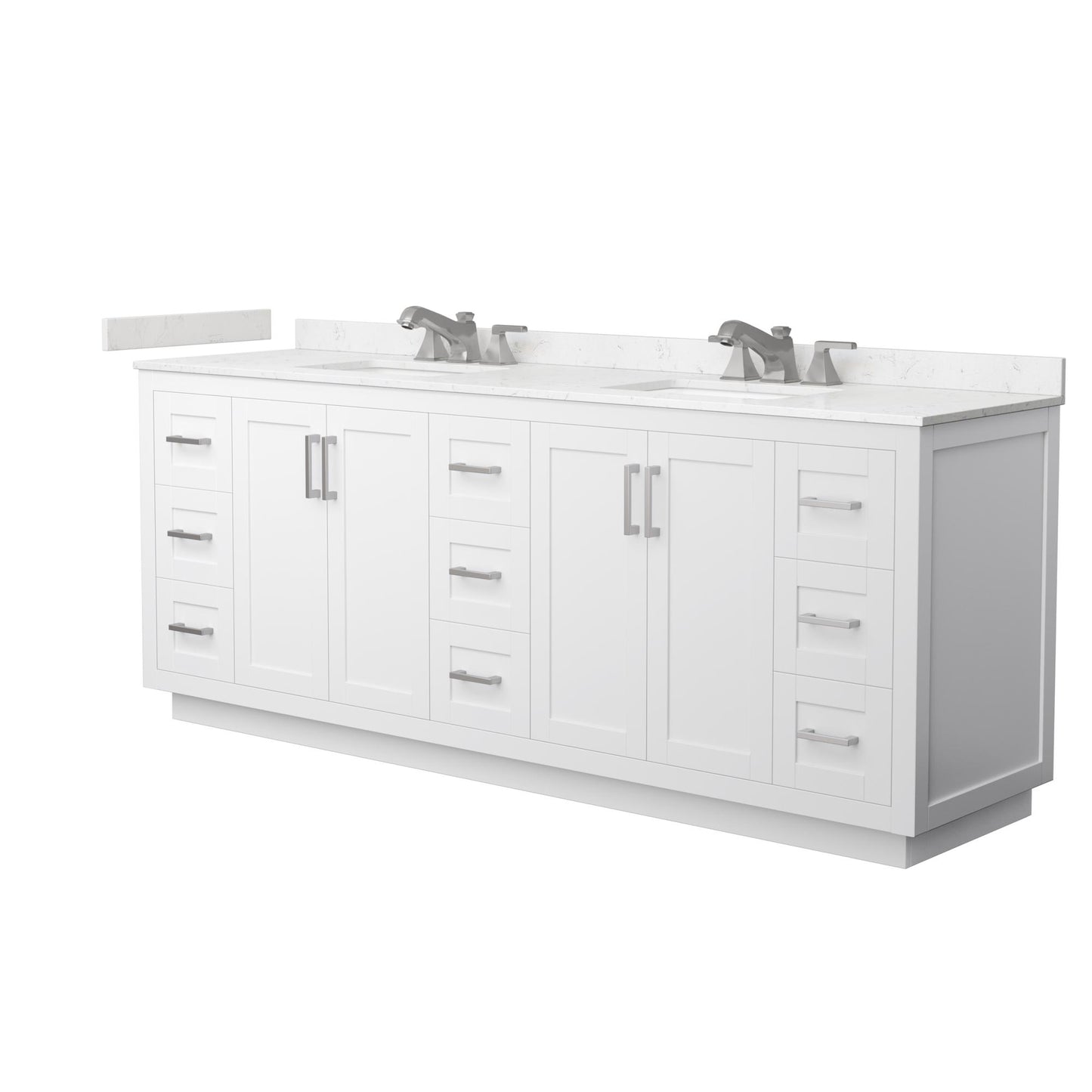 Wyndham Collection Miranda 84" Double Bathroom Vanity in White, Carrara Cultured Marble Countertop, Undermount Square Sinks (3-Hole), Brushed Nickel Trim