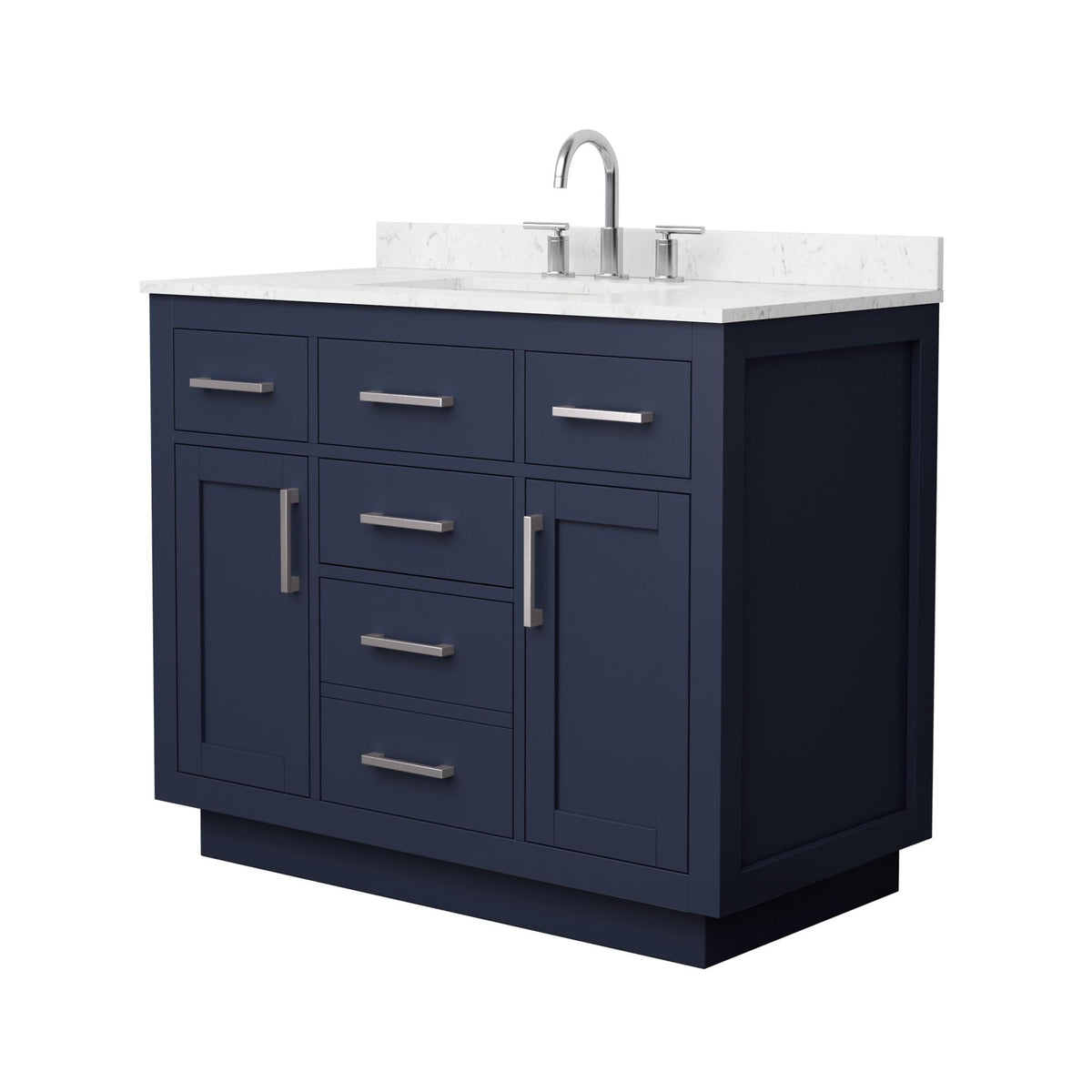 Wyndham Collection Beckett TK 42" Single Bathroom Vanity With Toe Kick in Dark Blue, Carrara Cultured Marble Countertop, Undermount Square Sink (3-Hole), Brushed Nickel Trim