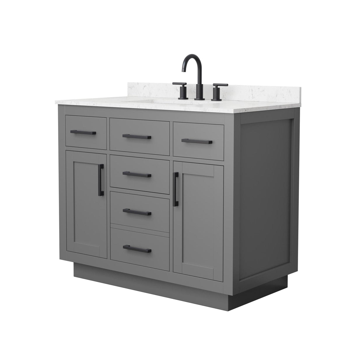 Wyndham Collection Beckett TK 42" Single Bathroom Vanity With Toe Kick in Dark Gray, Carrara Cultured Marble Countertop, Undermount Square Sink (3-Hole), Matte Black Trim