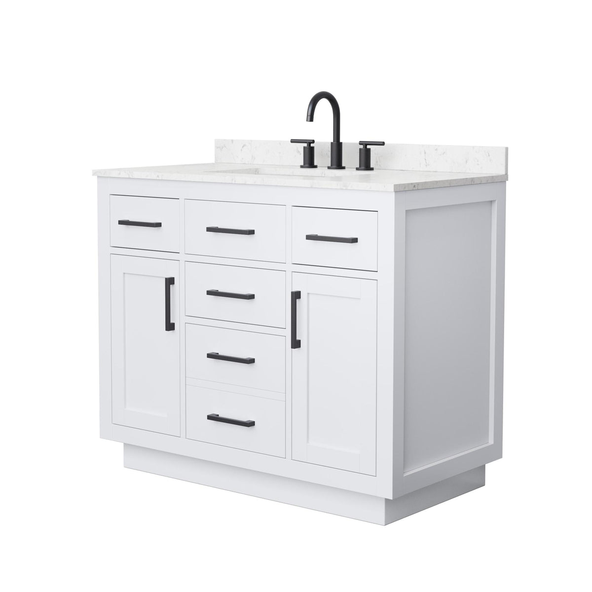 Wyndham Collection Beckett TK 42" Single Bathroom Vanity With Toe Kick in White, Carrara Cultured Marble Countertop, Undermount Square Sink (3-Hole), Matte Black Trim