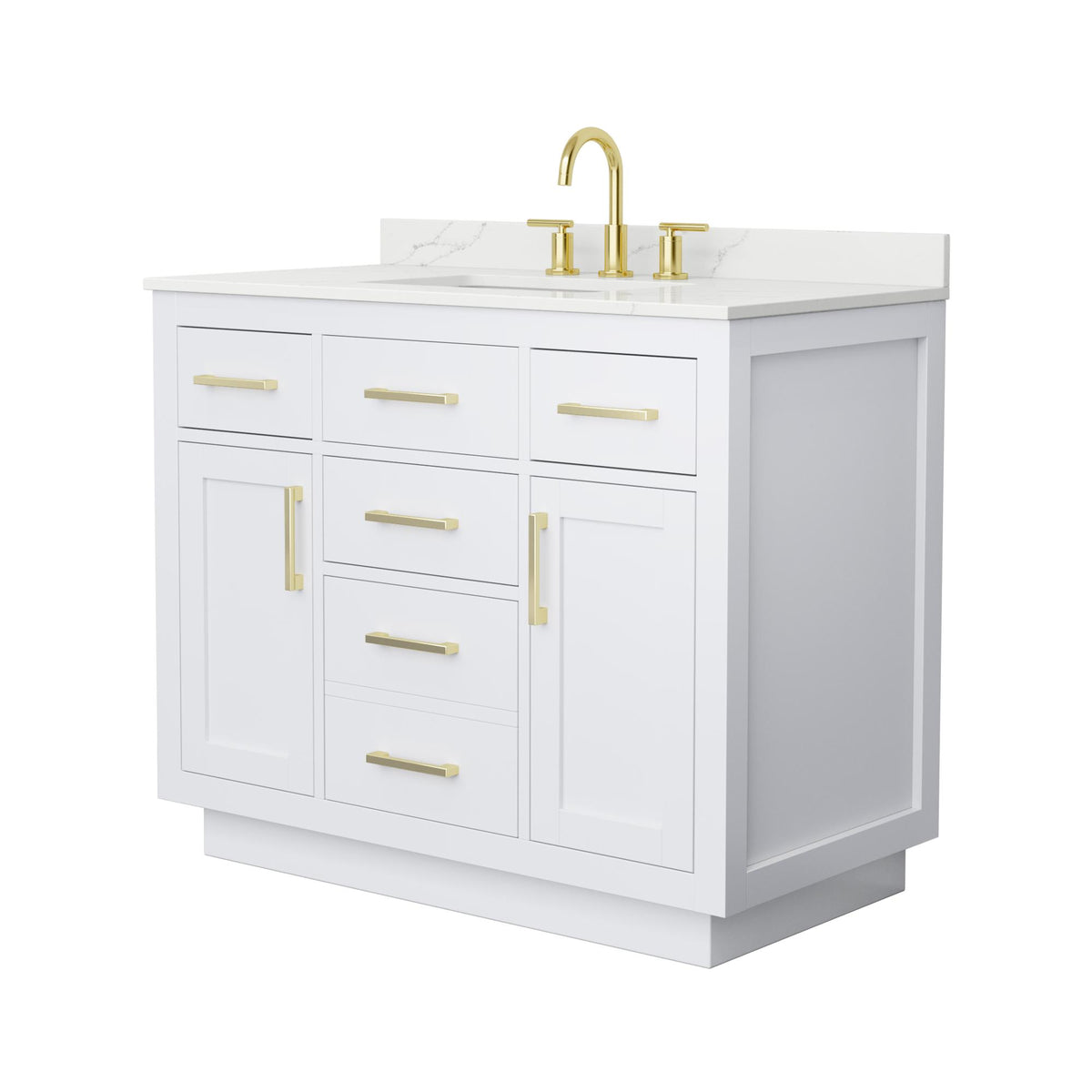 Wyndham Collection Beckett TK 42" Single Bathroom Vanity With Toe Kick in White, Giotto Quartz Countertop, Undermount Square Sink (3-Hole), Brushed Gold Trim