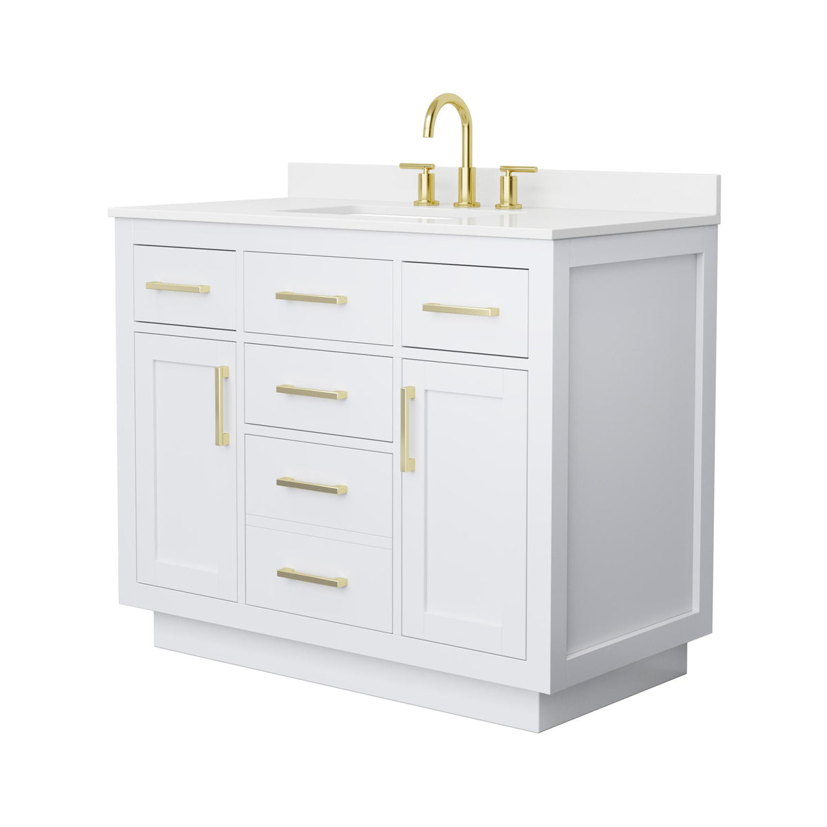 Wyndham Collection Beckett TK 42" Single Bathroom Vanity With Toe Kick in White, White Quartz Countertop, Undermount Square Sink (3-Hole), Brushed Gold Trim