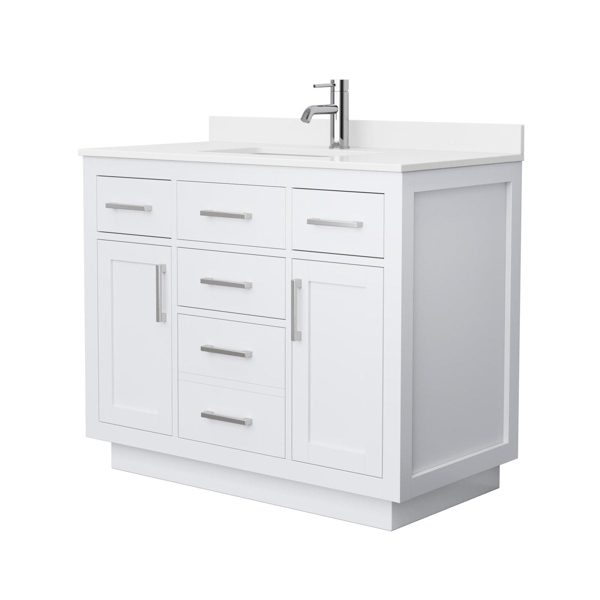 Wyndham Collection Beckett TK 42" Single Bathroom Vanity With Toe Kick in White, White Quartz Countertop, Undermount Square Sink (1-Hole), Brushed Nickel Trim