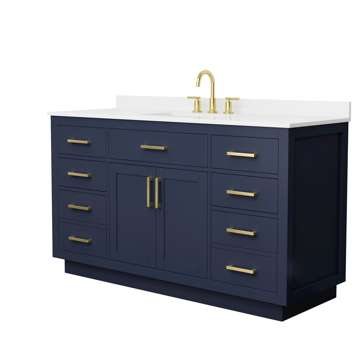 Wyndham Collection Beckett TK 60" Single Bathroom Vanity With Toe Kick in Dark Blue, White Quartz Countertop, Undermount Square Sink (3-Hole), Brushed Gold Trim