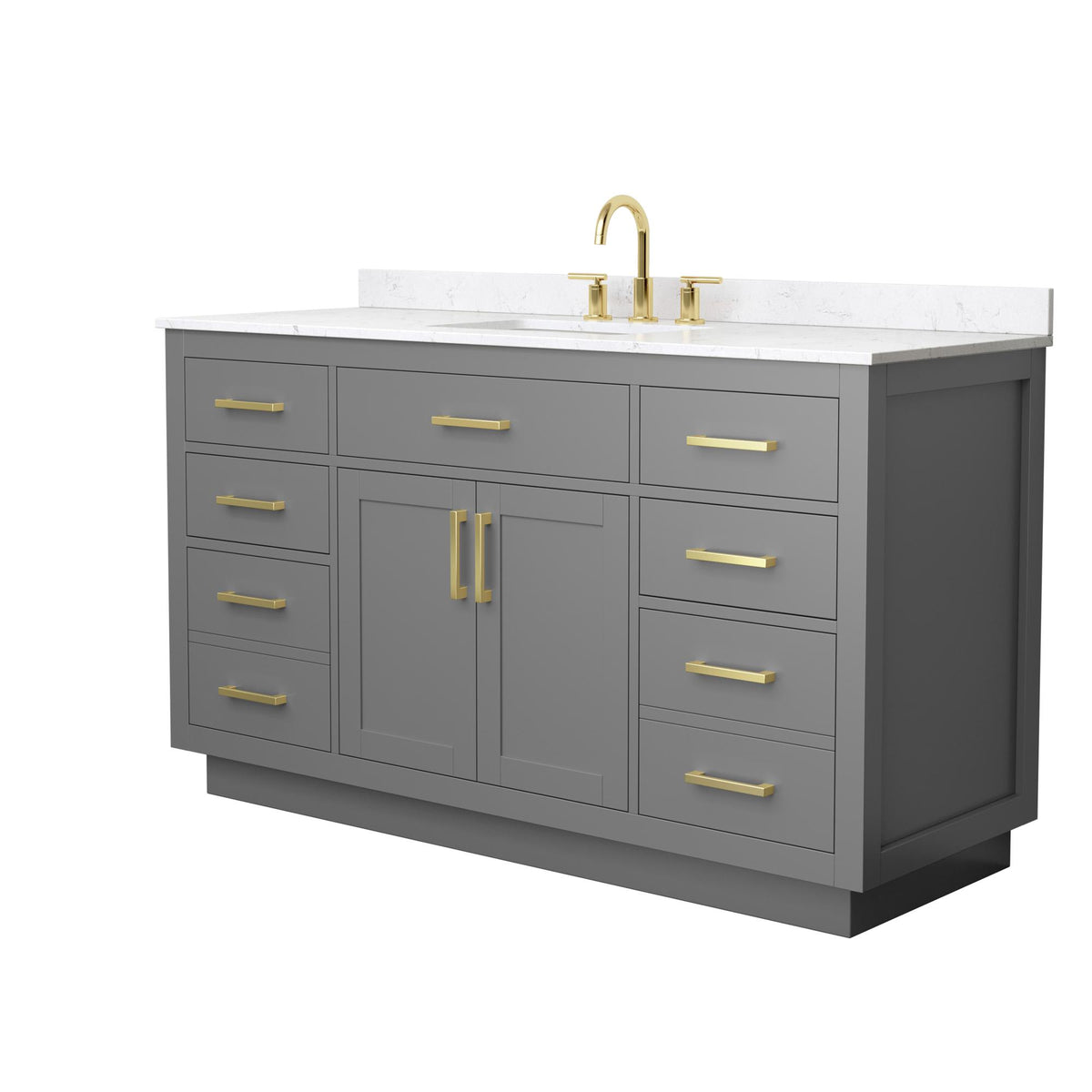 Wyndham Collection Beckett TK 60" Single Bathroom Vanity With Toe Kick in Dark Gray, Carrara Cultured Marble Countertop, Undermount Square Sink (3-Hole), Brushed Gold Trim