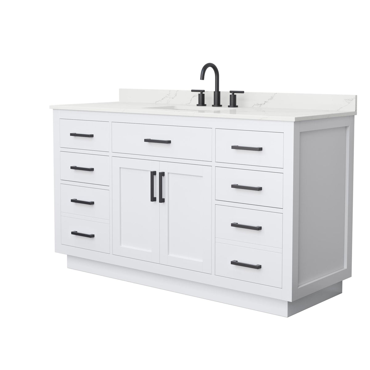 Wyndham Collection Beckett TK 60" Single Bathroom Vanity With Toe Kick in White, Giotto Quartz Countertop, Undermount Square Sink (3-Hole), Matte Black Trim