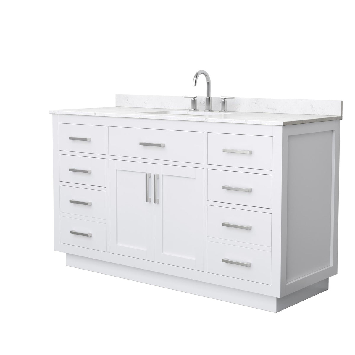 Wyndham Collection Beckett TK 60" Single Bathroom Vanity With Toe Kick in White, Carrara Cultured Marble Countertop, Undermount Square Sink (3-Hole), Brushed Nickel Trim