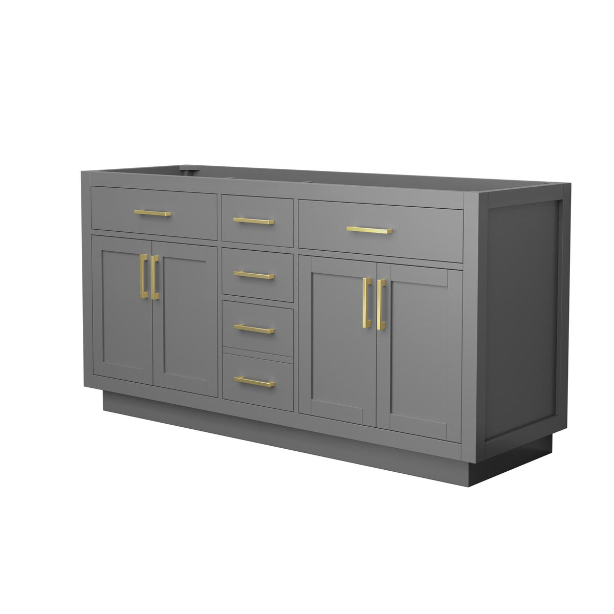 Wyndham Collection Beckett TK 66" Double Bathroom Vanity With Toe Kick in Dark Gray, No Countertop, No Sinks, Brushed Gold Trim
