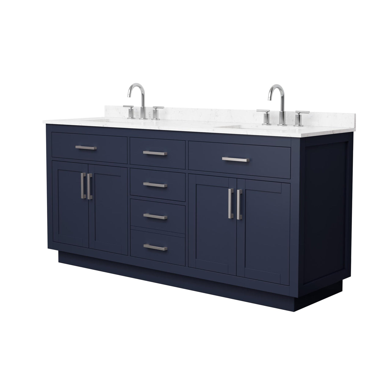 Wyndham Collection Beckett TK 72" Double Bathroom Vanity With Toe Kick in Dark Blue, Carrara Cultured Marble Countertop, Undermount Square Sinks (3-Hole), Brushed Nickel Trim