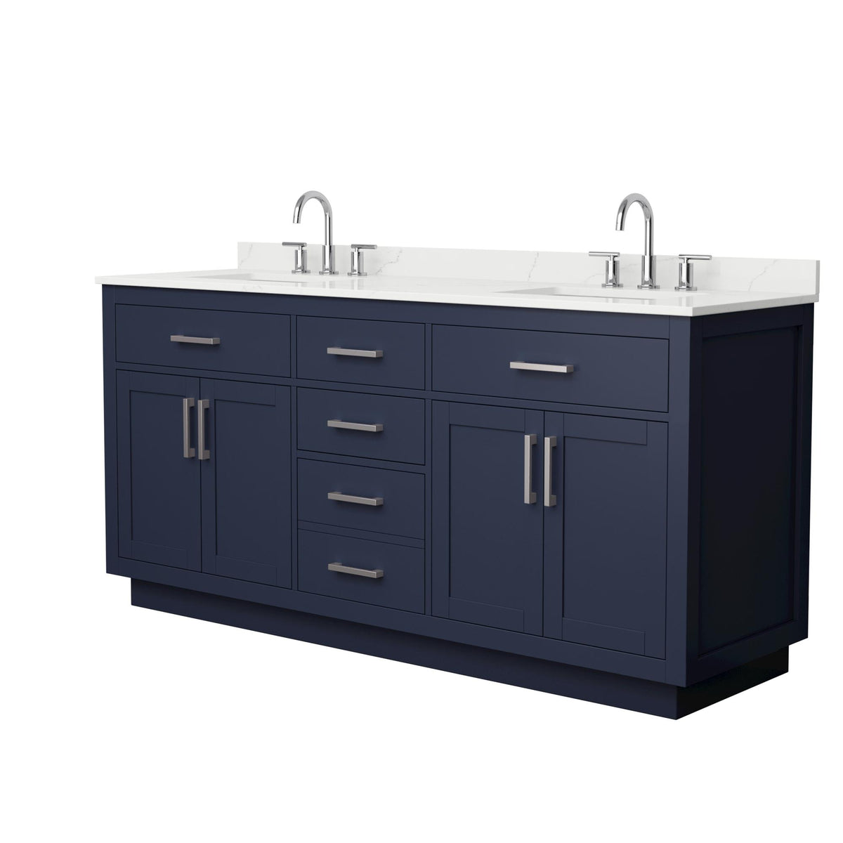 Wyndham Collection Beckett TK 72" Double Bathroom Vanity With Toe Kick in Dark Blue, Giotto Quartz Countertop, Undermount Square Sinks (3-Hole), Brushed Nickel Trim