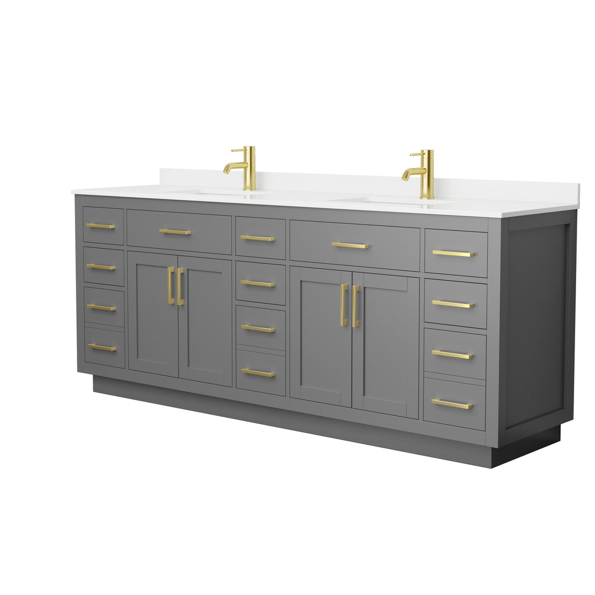 Wyndham Collection Beckett TK 84" Double Bathroom Vanity With Toe Kick in Dark Gray, White Quartz Countertop, Undermount Square Sinks (1-Hole), Brushed Gold Trim