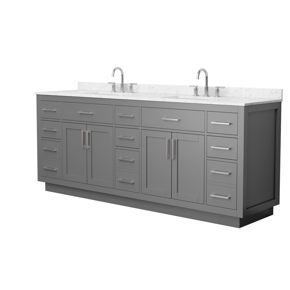 Wyndham Collection Beckett TK 84" Double Bathroom Vanity With Toe Kick in Dark Gray, Carrara Cultured Marble Countertop, Undermount Square Sinks (3-Hole), Brushed Nickel Trim