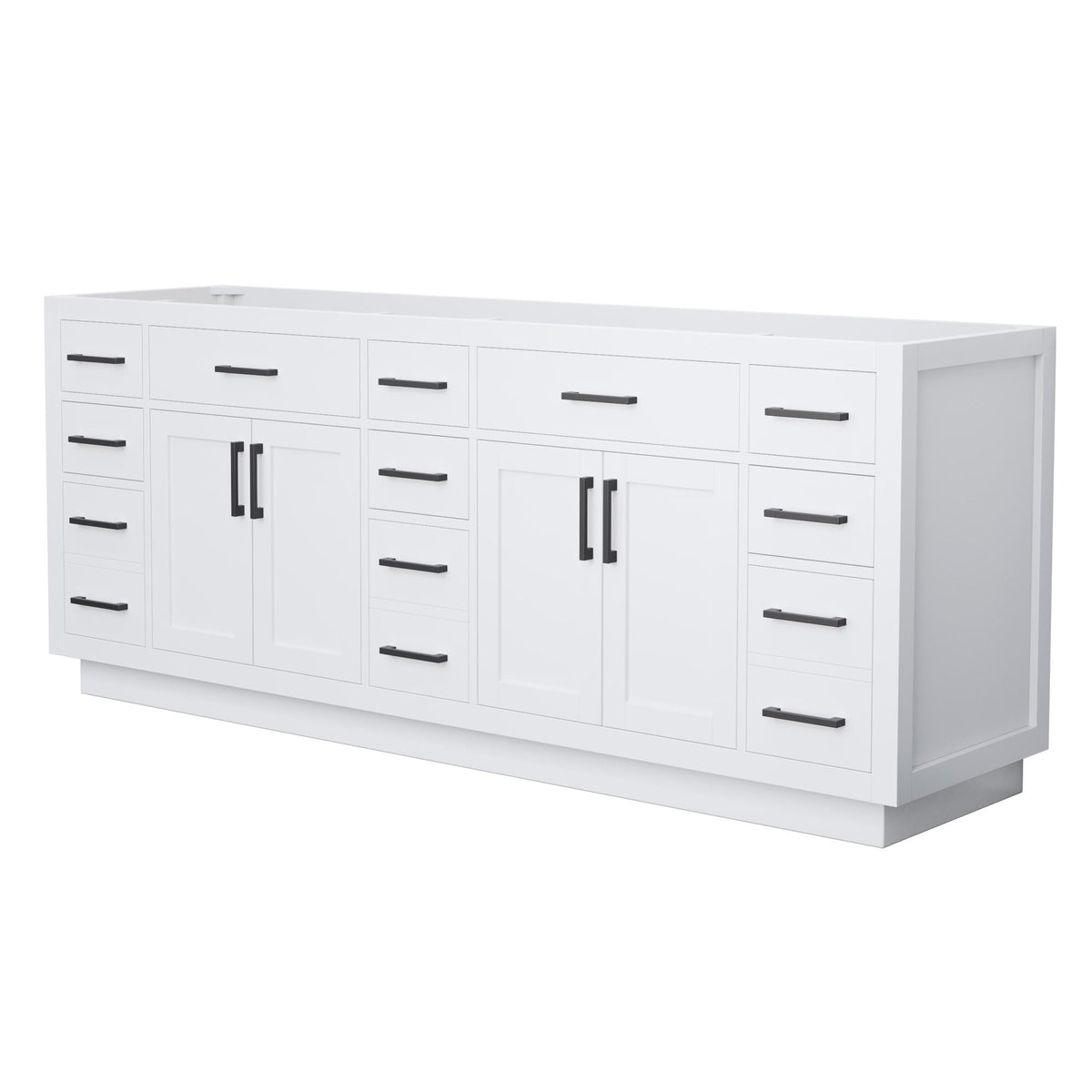 Wyndham Collection Beckett TK 84" Double Bathroom Vanity With Toe Kick in White, No Countertop, No Sinks, Matte Black Trim