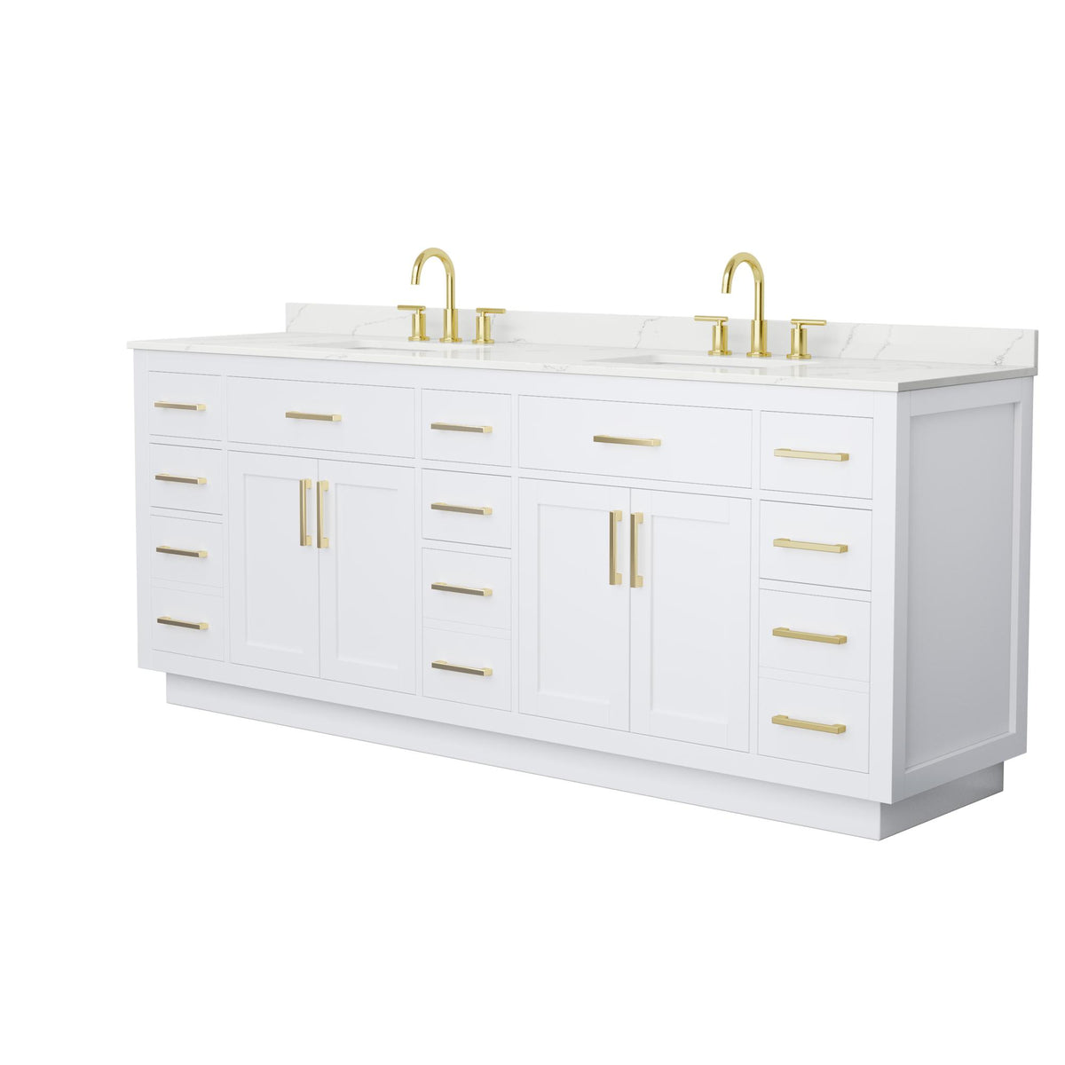 Wyndham Collection Beckett TK 84" Double Bathroom Vanity With Toe Kick in White, Giotto Quartz Countertop, Undermount Square Sinks (3-Hole), Brushed Gold Trim