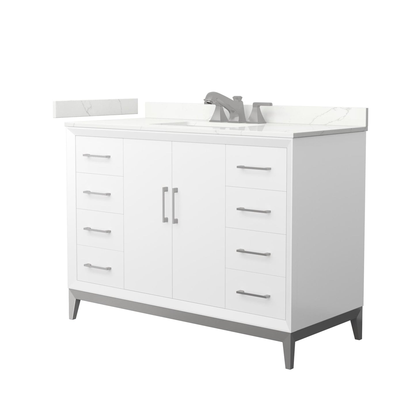 Wyndham Collection Amici 48" Single Bathroom Vanity in White, Giotto Quartz Countertop, Undermount Square Sink (3-Hole), Brushed Nickel Trim