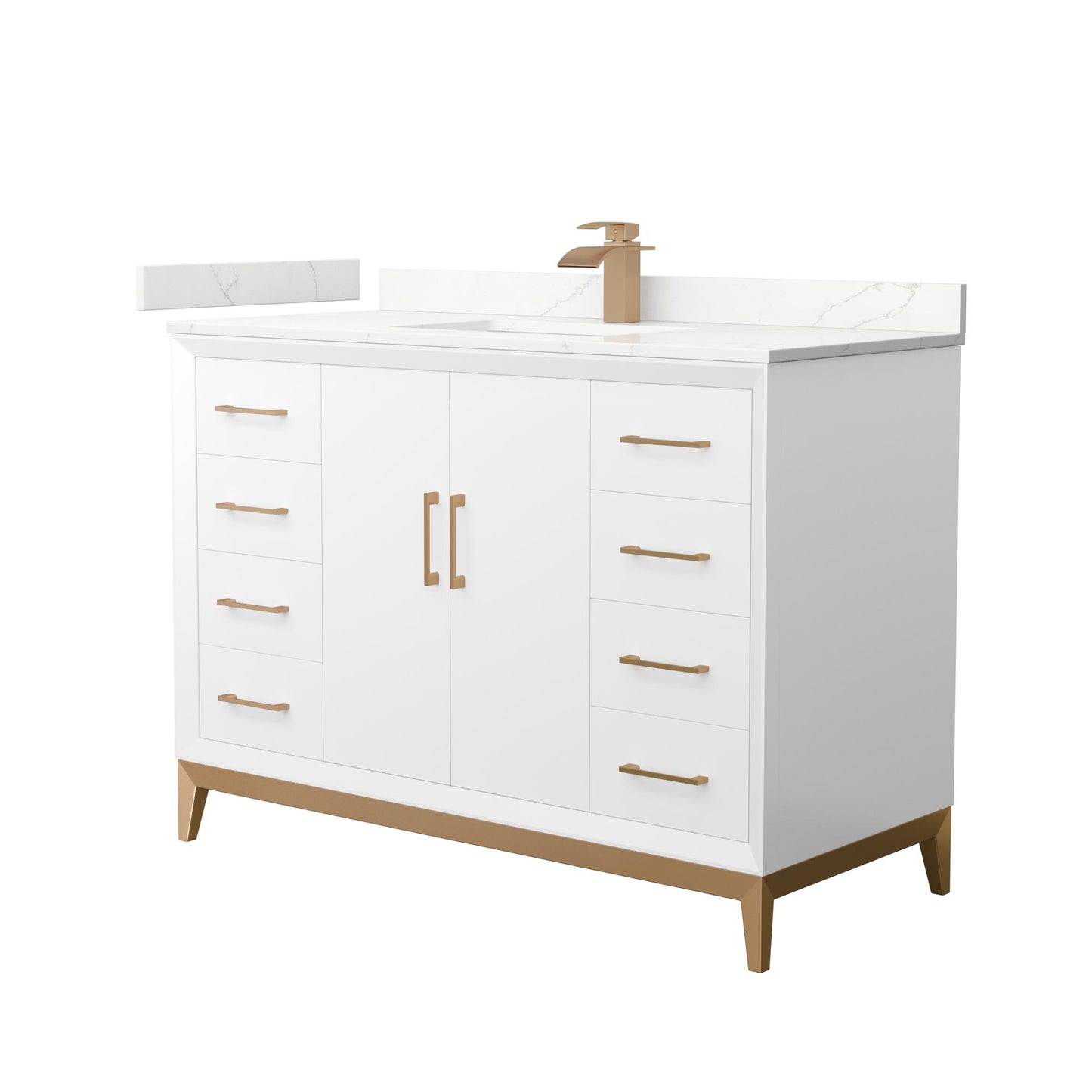 Wyndham Collection Amici 48" Single Bathroom Vanity in White, Giotto Quartz Countertop, Undermount Square Sink (1-Hole), Satin Bronze Trim