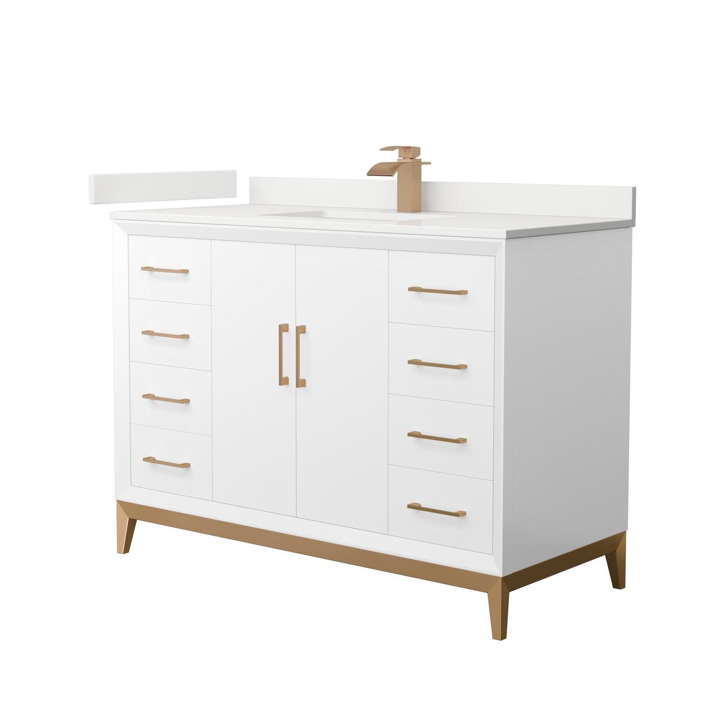 Wyndham Collection Amici 48" Single Bathroom Vanity in White, White Quartz Countertop, Undermount Square Sink (1-Hole), Satin Bronze Trim