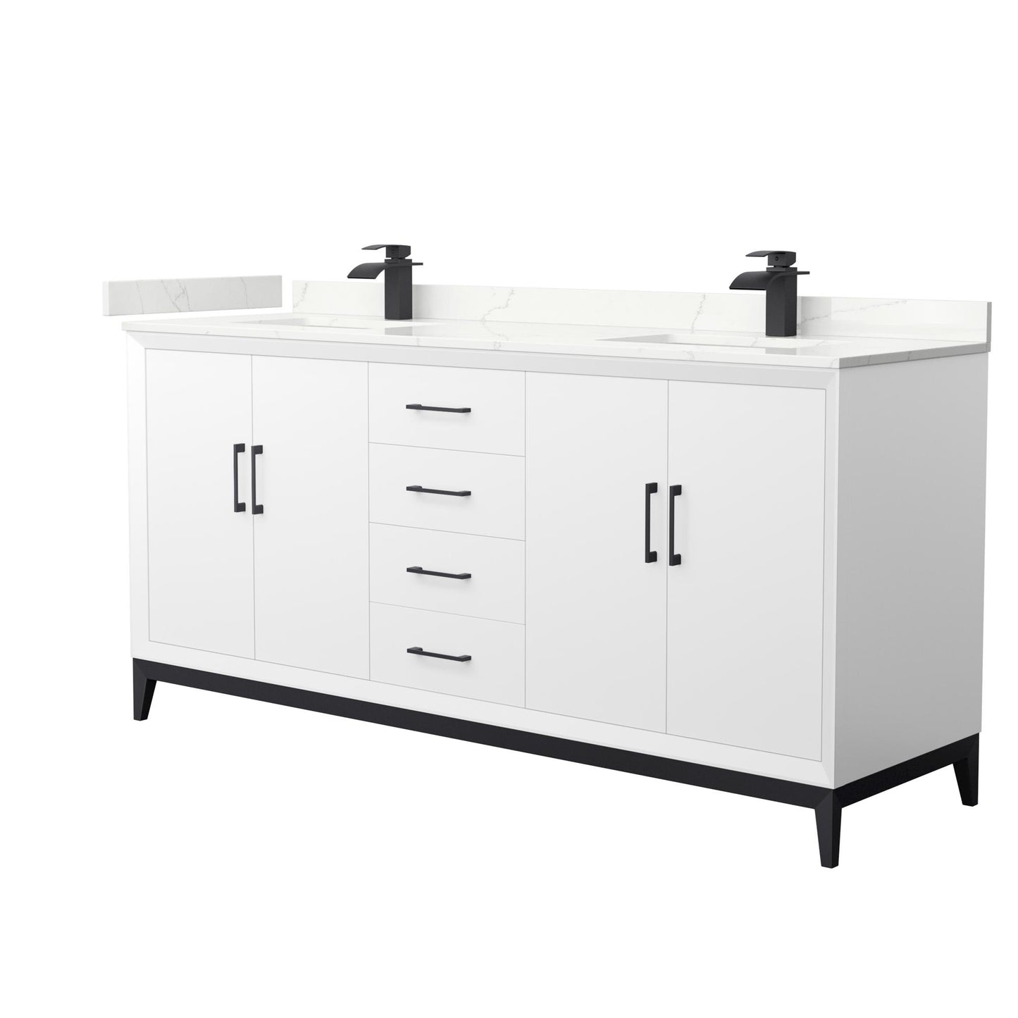 Wyndham Collection Amici 72" Double Bathroom Vanity in White, Giotto Quartz Countertop, Undermount Square Sinks (1-Hole), Matte Black Trim