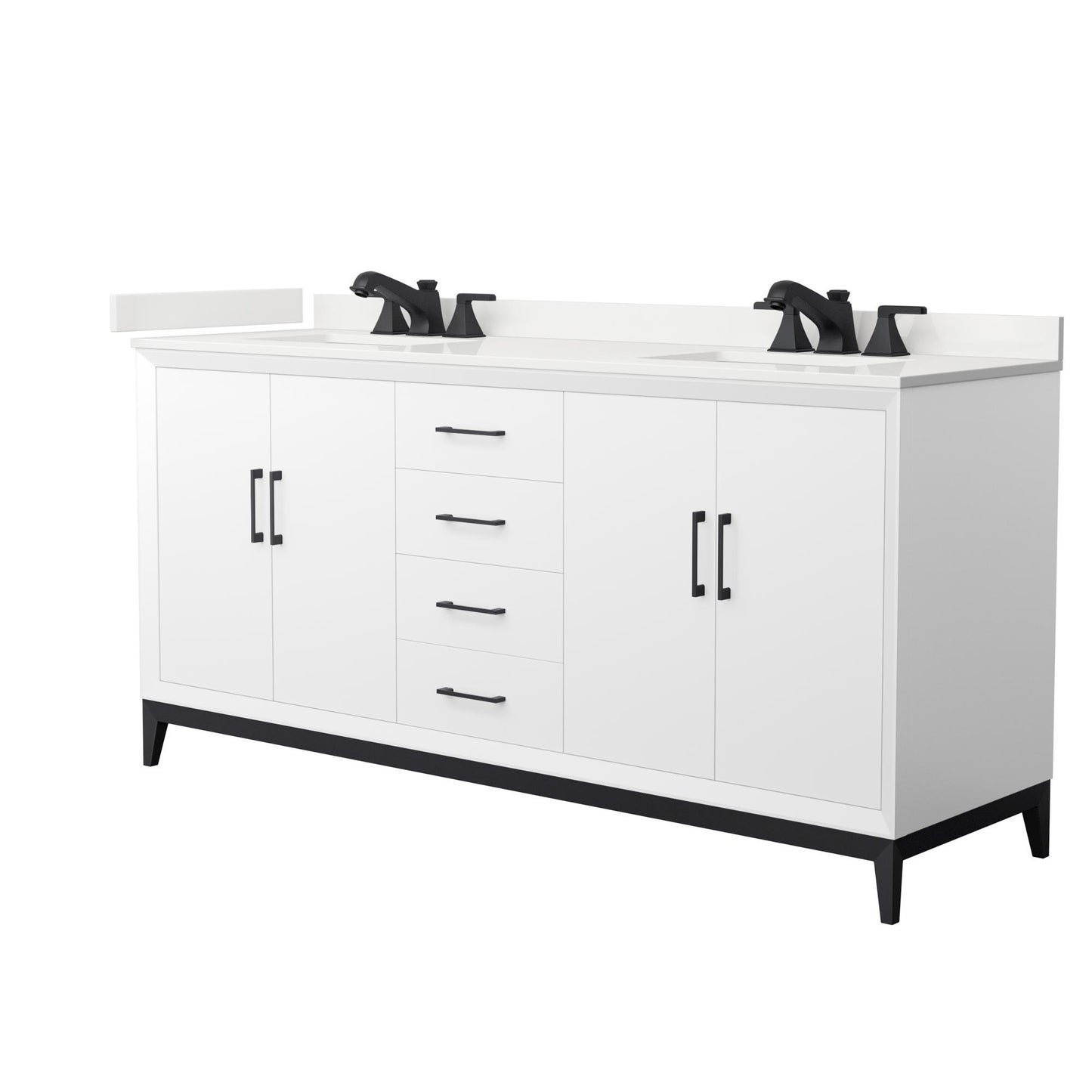 Wyndham Collection Amici 72" Double Bathroom Vanity in White, White Quartz Countertop, Undermount Square Sinks (3-Hole), Matte Black Trim