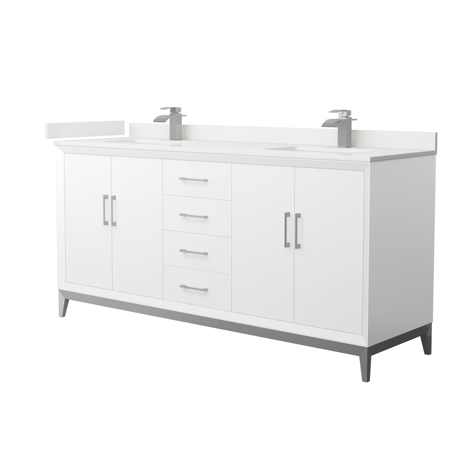 Wyndham Collection Amici 72" Double Bathroom Vanity in White, White Quartz Countertop, Undermount Square Sinks (1-Hole), Brushed Nickel Trim