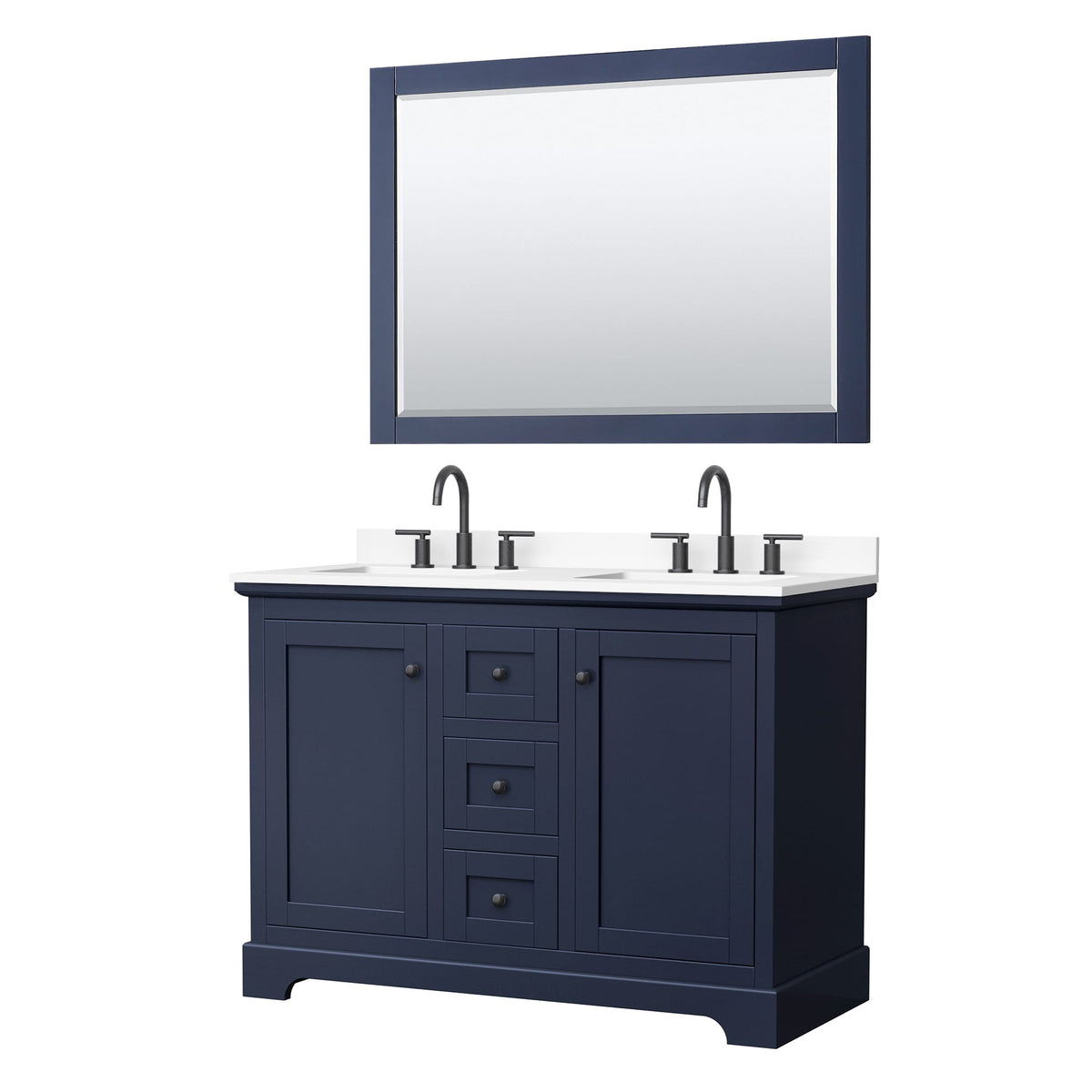 Wyndham Collection Avery 48" Double Bathroom Vanity in Dark Blue, White Cultured Marble Countertop, Undermount Square Sinks (3-Hole), Matte Black Trim and 46" Mirror