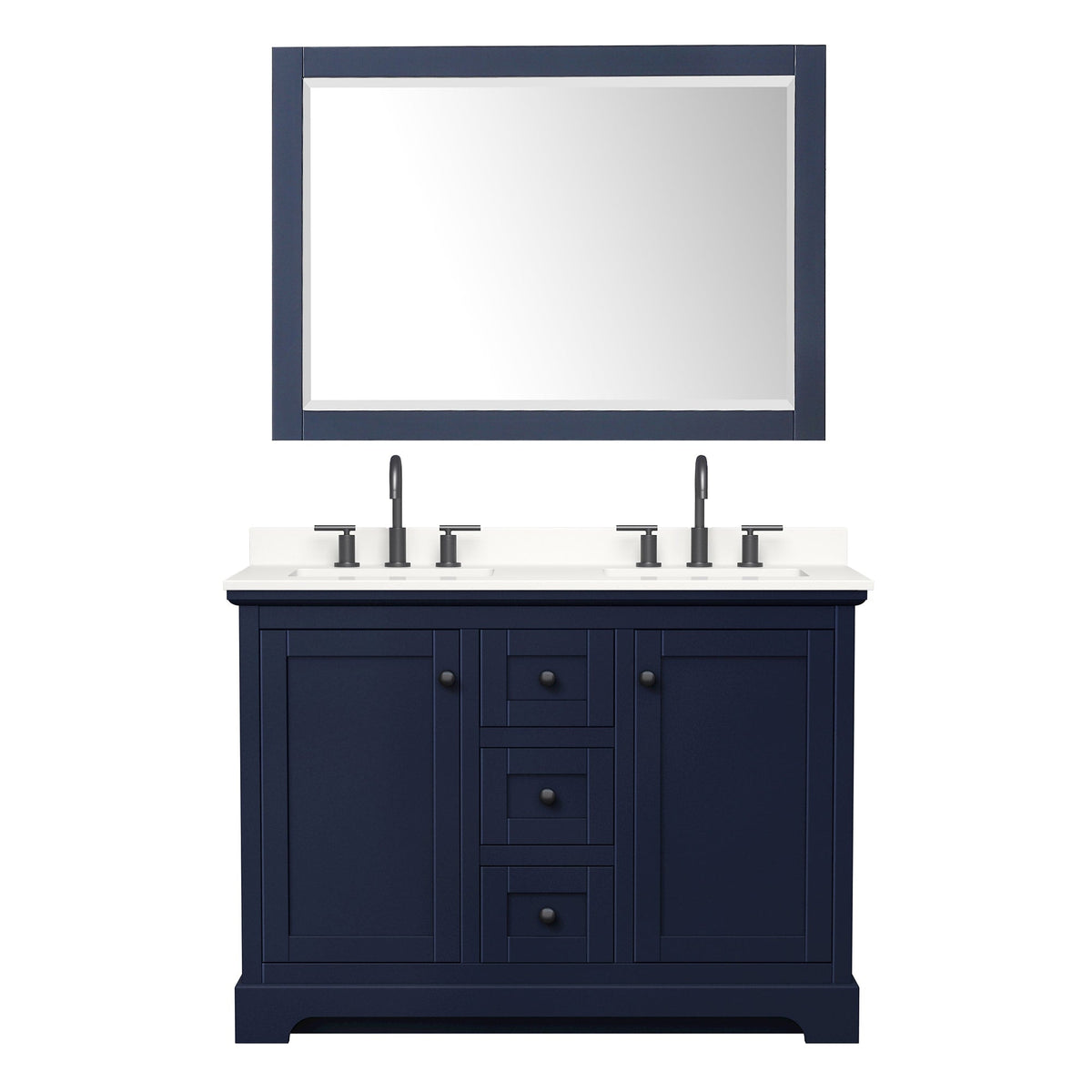 Wyndham Collection Avery 48" Double Bathroom Vanity in Dark Blue, White Quartz Countertop, Undermount Square Sinks (3-Hole), Matte Black Trim and 46" Mirror