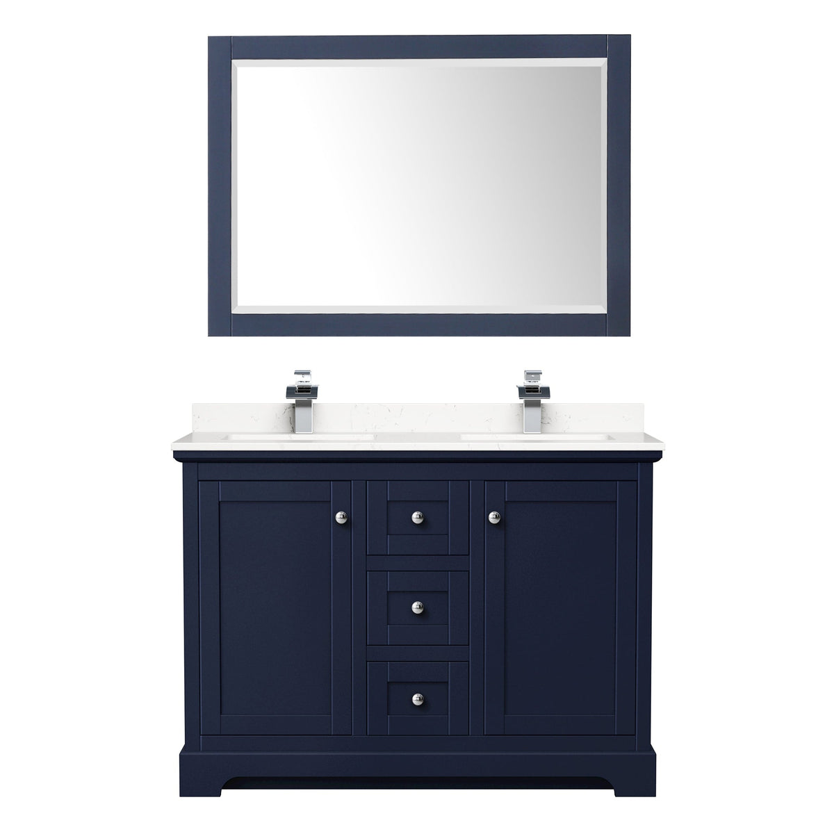 Wyndham Collection Avery 48" Double Bathroom Vanity in Dark Blue, Carrara Cultured Marble Countertop, Undermount Square Sinks (1-Hole), Polished Chrome Trim and 46" Mirror