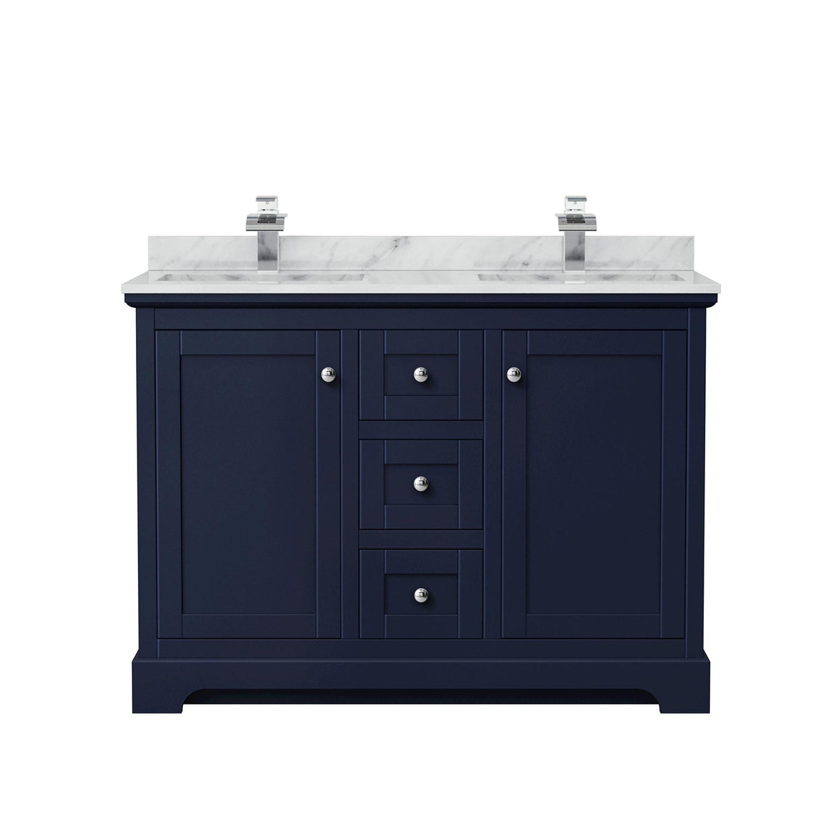 Wyndham Collection Avery 48" Double Bathroom Vanity in Dark Blue, White Carrara Marble Countertop, Undermount Square Sinks (1-Hole), Polished Chrome Trim