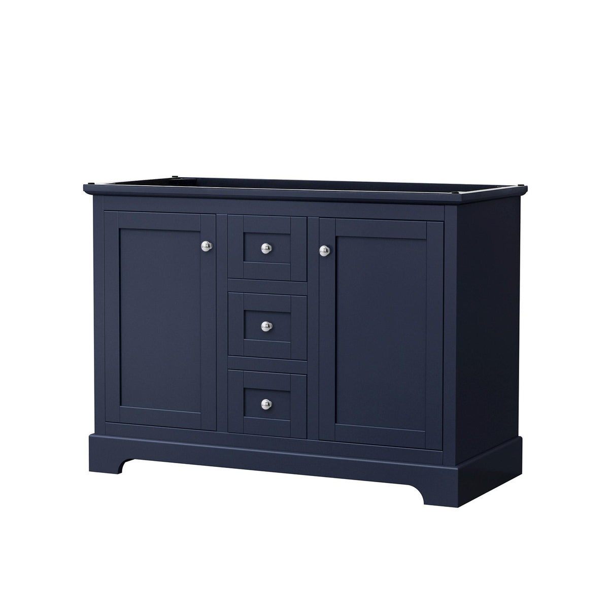 Wyndham Collection Avery 48" Double Bathroom Vanity in Dark Blue, No Countertop, No Sinks, Polished Chrome Trim