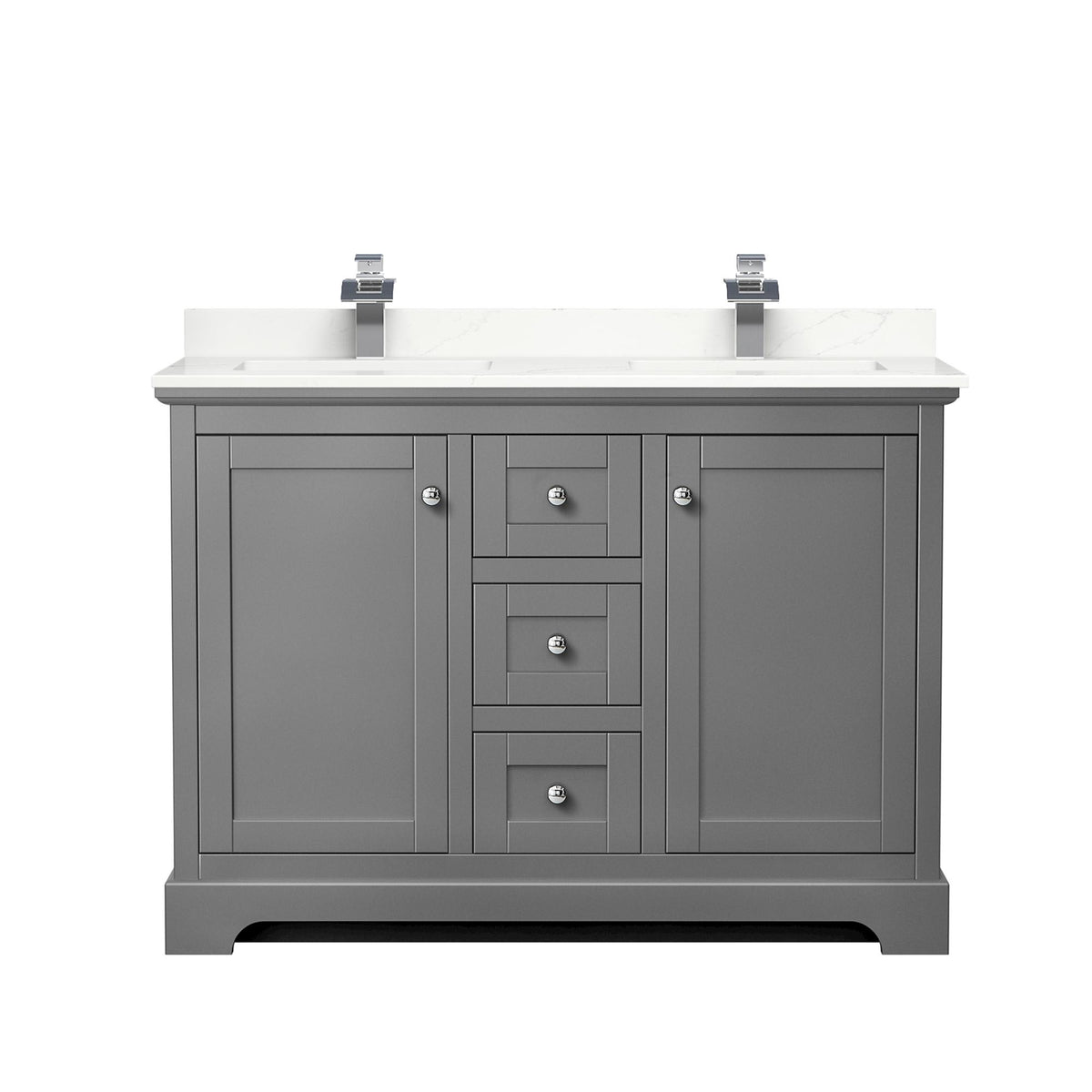 Wyndham Collection Avery 48" Double Bathroom Vanity in Dark Gray, Giotto Quartz Countertop, Undermount Square Sinks (1-Hole), Polished Chrome Trim