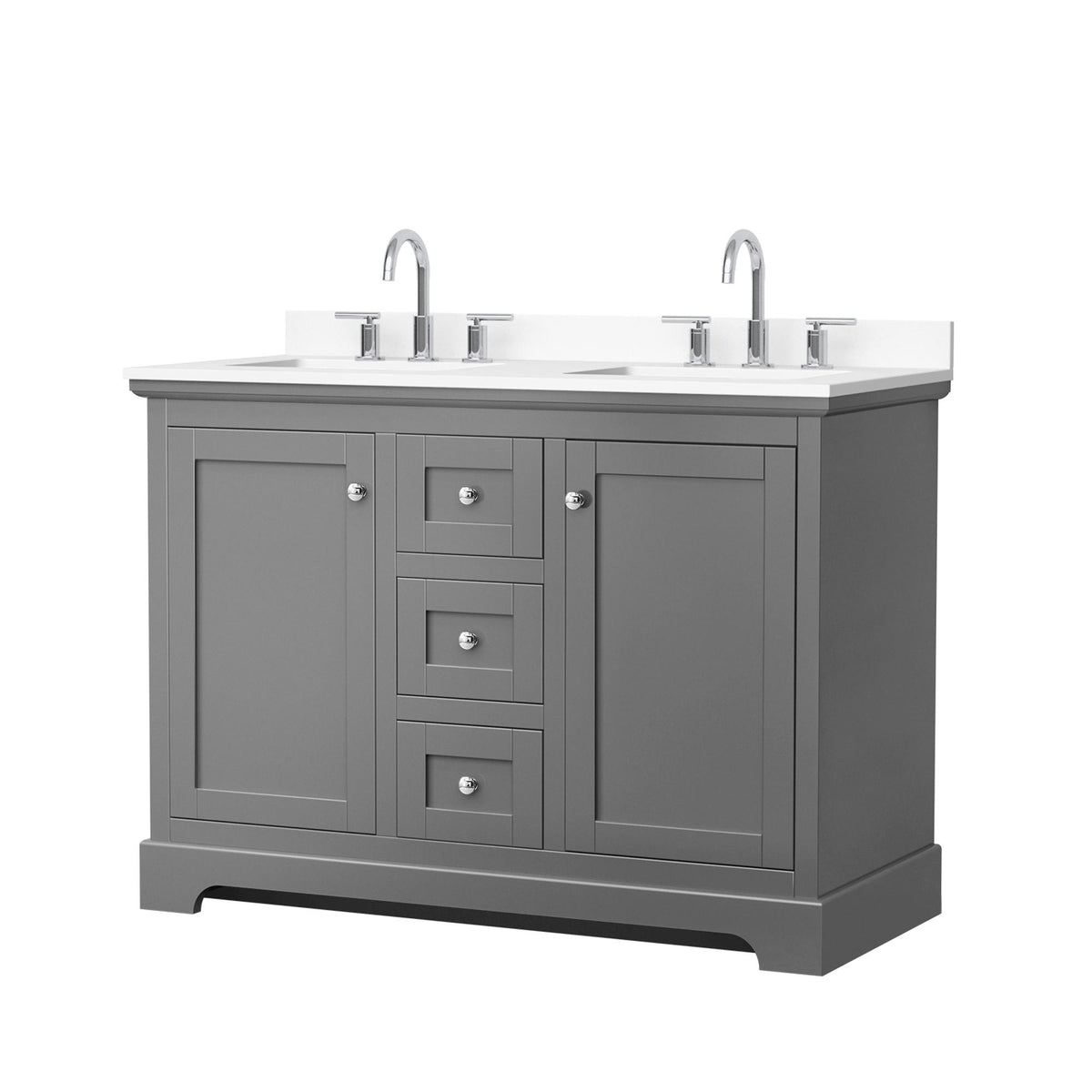 Wyndham Collection Avery 48" Double Bathroom Vanity in Dark Gray, White Cultured Marble Countertop, Undermount Square Sinks (3-Hole), Polished Chrome Trim